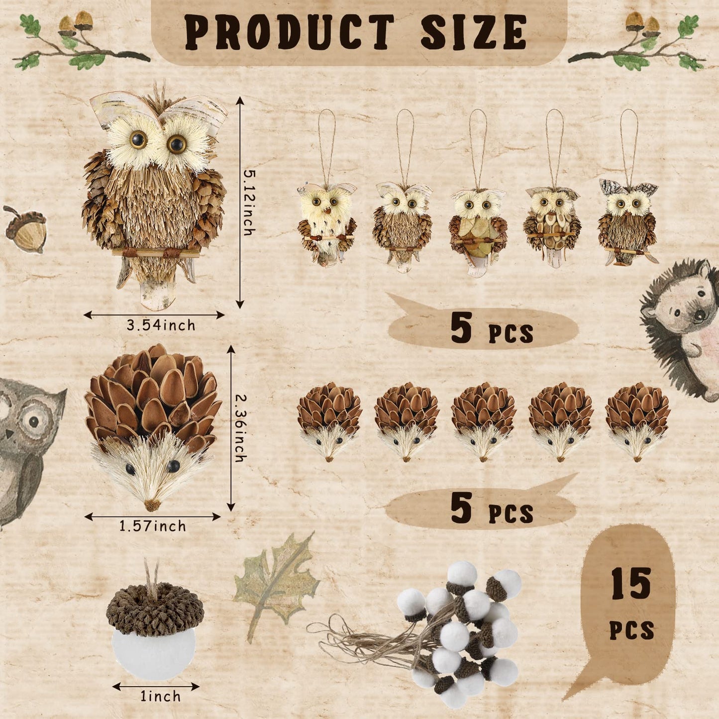 Sotiff 68 PCS Woodland Christmas Tree Ornaments Decoration Set - Includes Forest Animal, Gold Ball, Hedgehog, Jute Tree Wrap & Bows for Farmhouse Rustic Fall Winter Holiday Party Decor