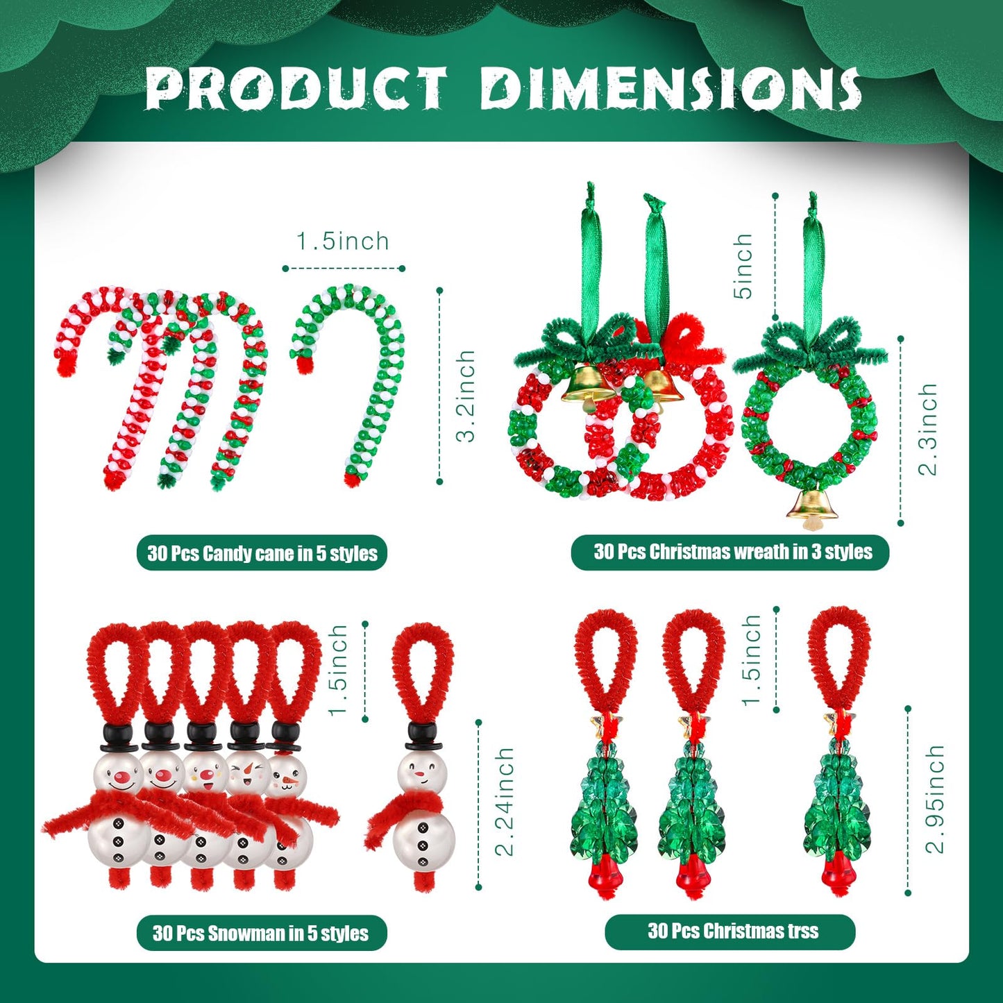 Yuxung 120 Sets Christmas Crafts for Adults Beaded Ornament Kit Including 30 Snowmen 30 Christmas Trees 30 Wreaths 30 Candy Canes for Xmas Tree Christmas Party DIY Decorations (Assembly Needed)
