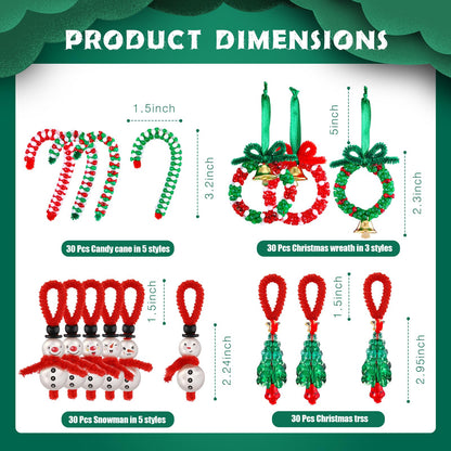Yuxung 120 Sets Christmas Crafts for Adults Beaded Ornament Kit Including 30 Snowmen 30 Christmas Trees 30 Wreaths 30 Candy Canes for Xmas Tree Christmas Party DIY Decorations (Assembly Needed)