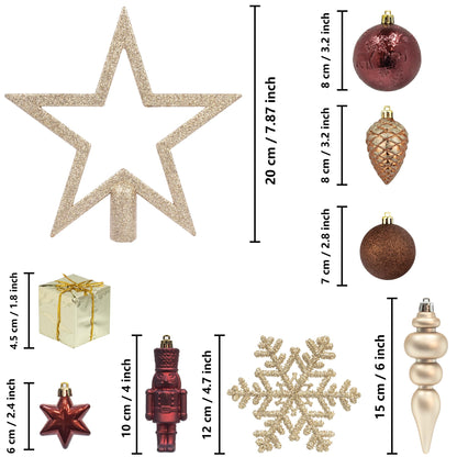 ITART 101pcs Christmas Tree Ornaments Assortment Burgundy Brown Champagne Gold Including Star Tree Topper Balls Nutcracker Figurines Snowflakes Poinsettia Flowers Bead Garland for Christmas Tree Decor