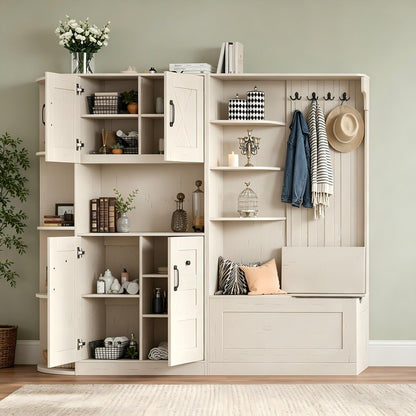 KEIKI Multifunction Entryway Storage Cabinet Set with Bench, Modular Hallway Organizer with Hooks, Open Shelves, Hidden Storage, Farmhouse Accent Cabinet for Living Room, Kitchen, Entryway, Beige