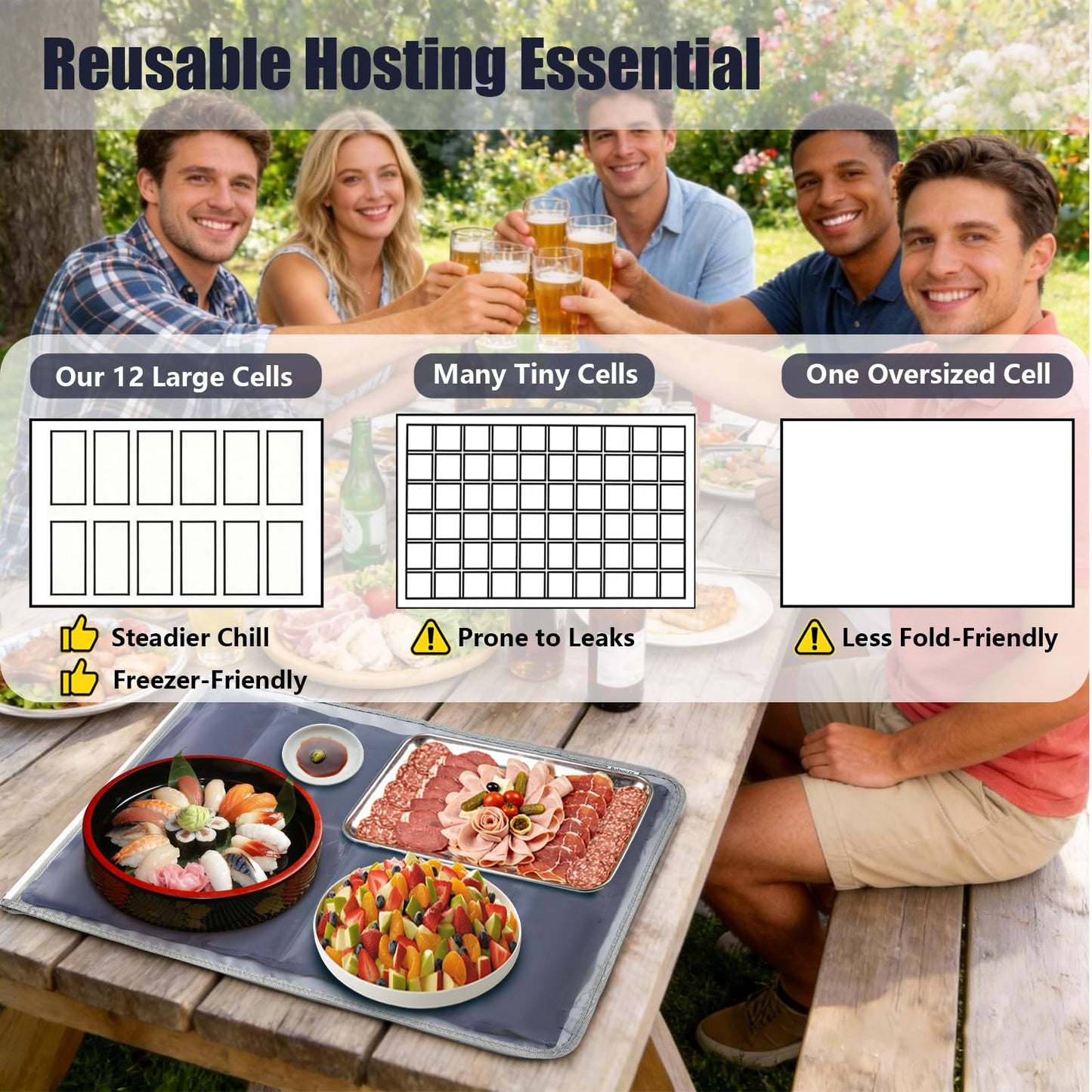 Babeezy 2-Pack Party Mat Chiller Extra-Large Foldable Reusable Cooling Mats with Sleeve 12 Large Cells Buffet Tray Chillers for Charcuterie Tables, Cheese & Deli Meats, Veggie/Fruit Trays, Sushi