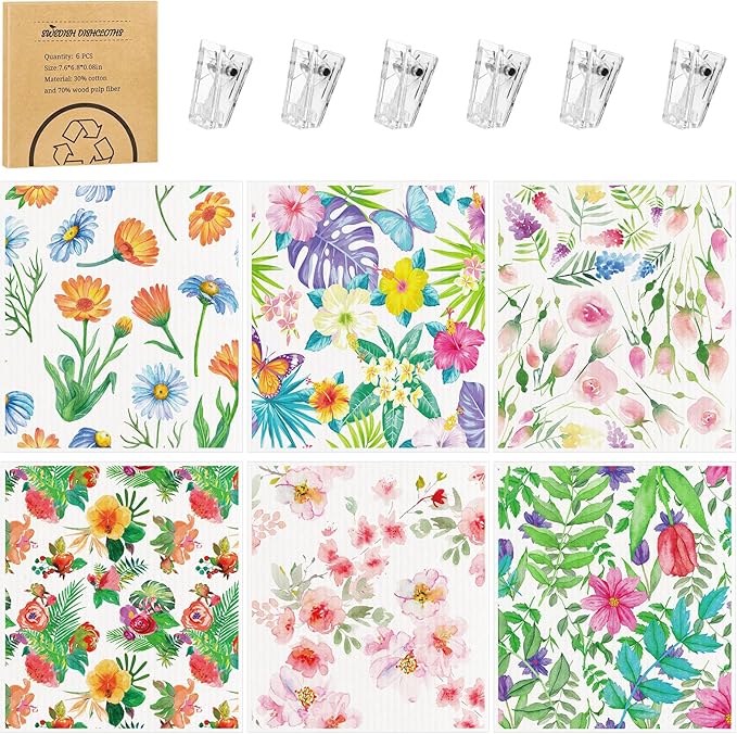 6 Pack Swedish Dishcloths for Kitchen, Swedish Rag Absorbent Spring Floral Dish