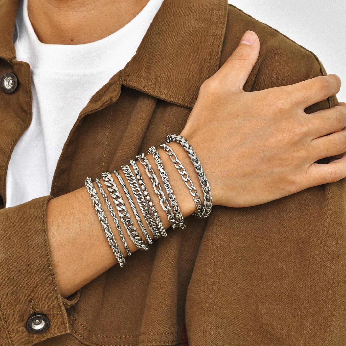 VNOX Silver Chain Bracelet for Men - 10 Pcs Solid Stainless Steel Rope/Figaro/Paperclip/Cuban Link/Snake Curb Chunky Chain Bracelet Set Wrist Band for Men Women,Mens Jewelry Set