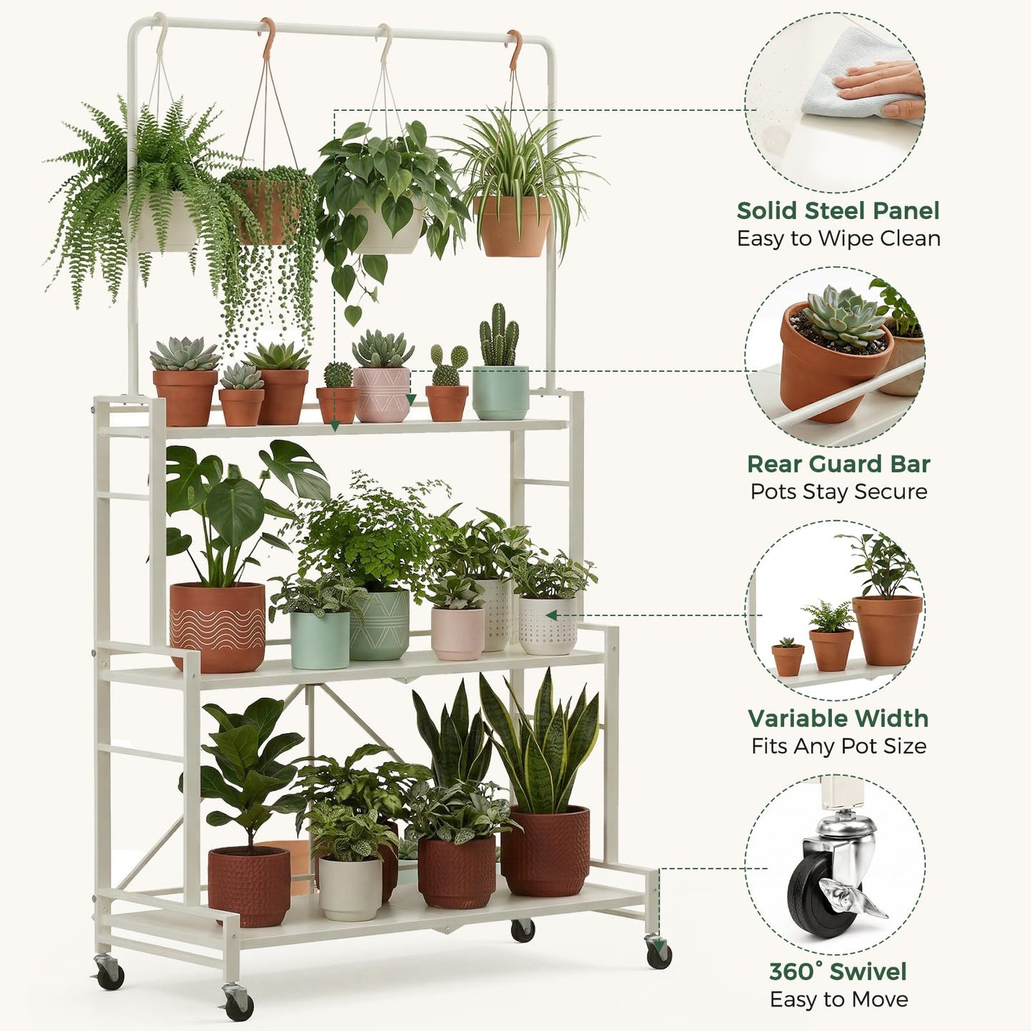 Plant Stand, 4-Tier Foldable Plant Shelf with 3 Shelves and Hanging Rod, Rolling Plant Stand with Wheels, No Assembly Flower Pot Stand for Indoor Outdoor, Sturdy Anti-Tip Plant Rack (Cream White)