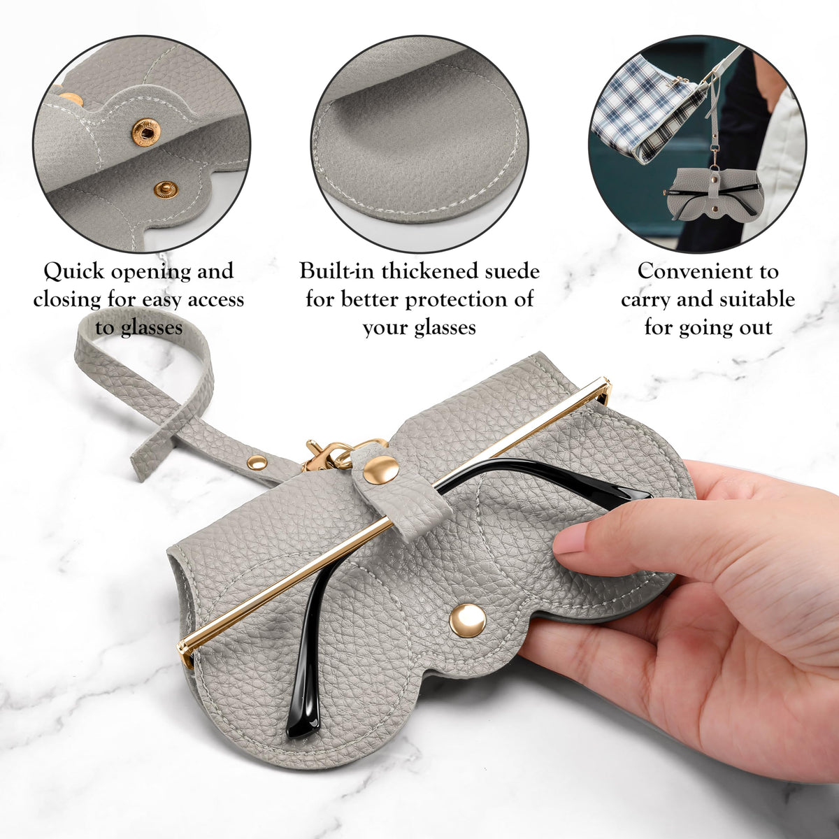 FEISEDY 2Pack Soft Leather Sunglass Bag, Holder Eyeglasses Case, Portable Glasses Pouch With Button Clip Wrist Strap B0049