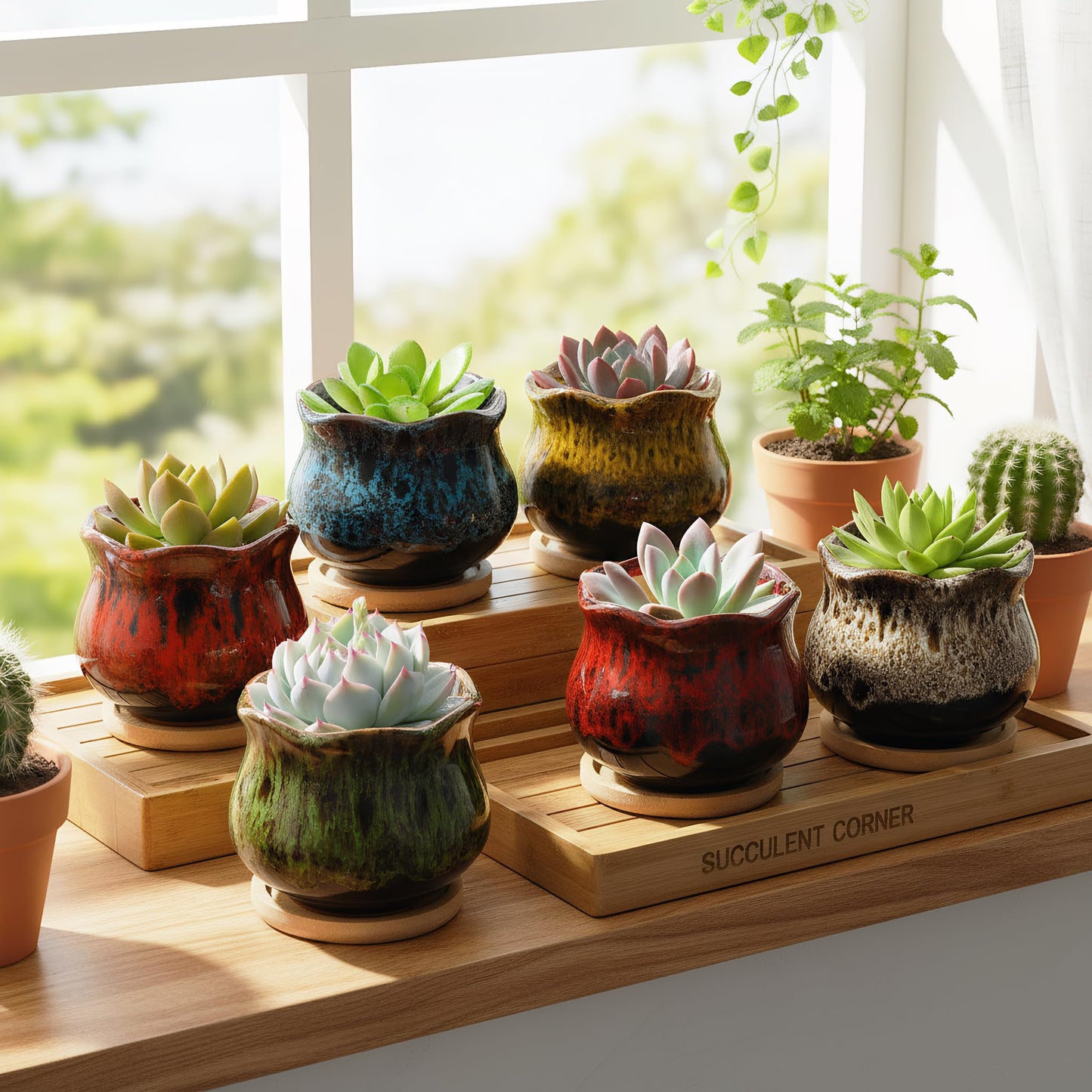 TOPZEA Set of 6 Succulent Plant Pots, 4 Inch Glazed Ceramic Cute Plant Pots with Drainage and Saucer, Mini Bonsai Planter Small Cactus Flower Pots for Indoor Outdoor Use