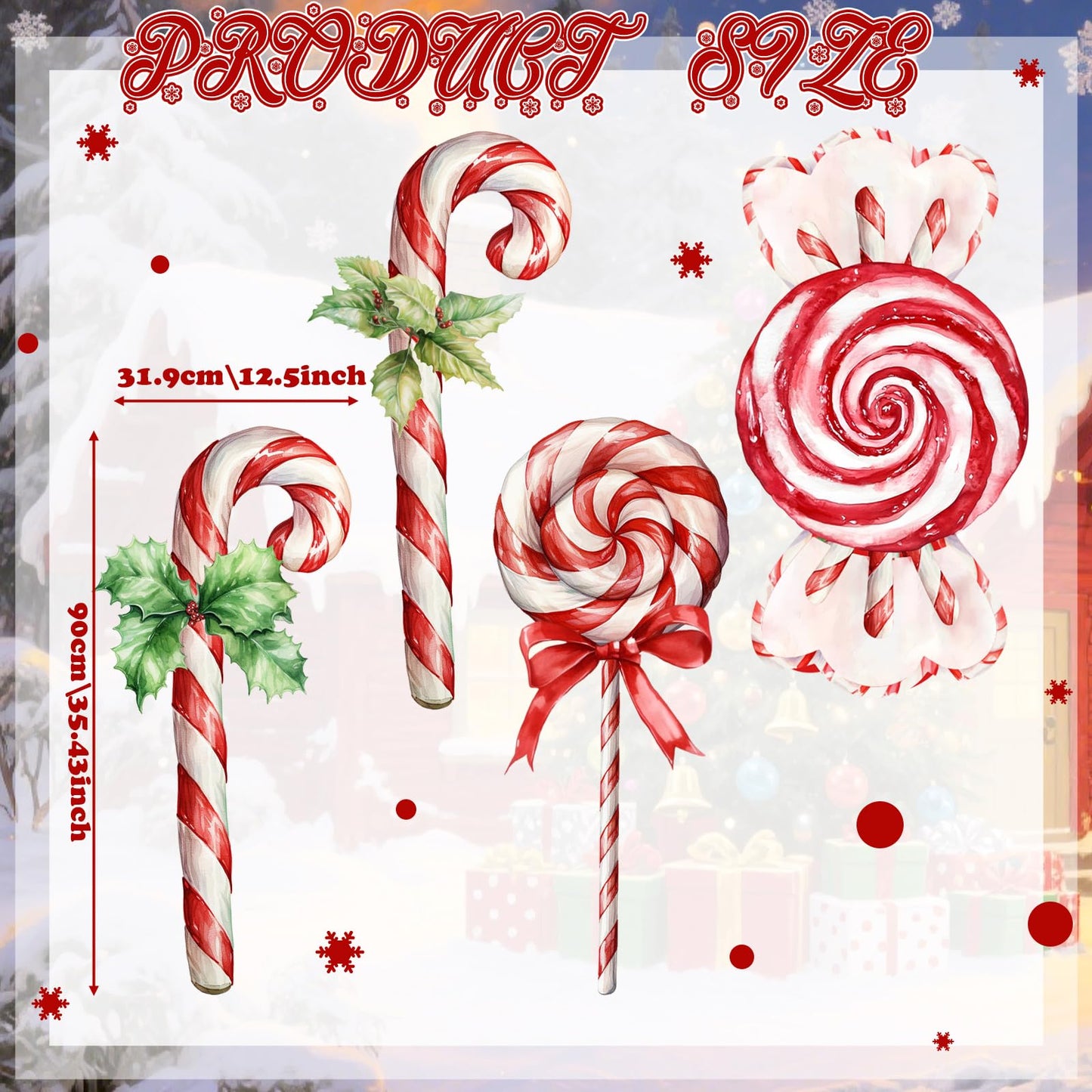 Marspark 4 Pcs Large Christmas Wall Stickers Decals Removable 35.5 x 13.5 Inch Candy Cane Wall Sticker Christmas Snowflakes Window Clings Candy Ornament for Bedroom Living Room Offices Home Decoration
