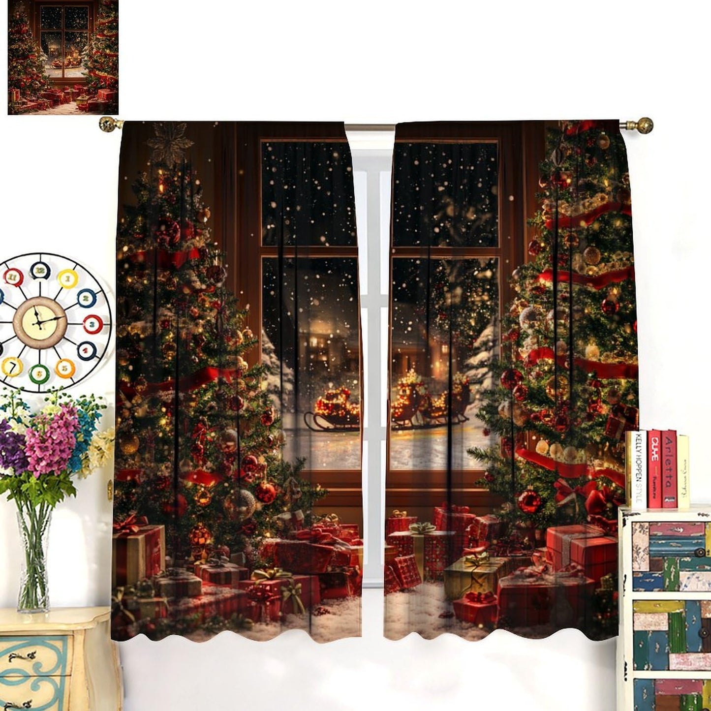 Merry Christmas Curtain Christmas Tree Gift Sled Winter Holidays Snowflake for Living Room Bedroom Decor Window Drapes 42" W X 45" L