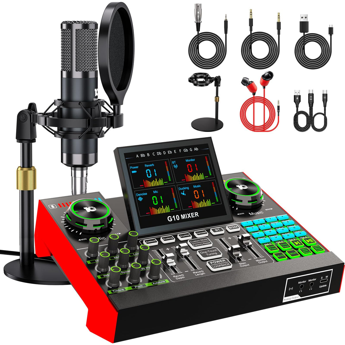 Podcast Microphone Bundle with Live Sound Board Audio Mixer, Podcast Equipment Bundle with 3.5mm Condenser Microphone(P15) for Pc/Phone Live Streaming Singing Gaming, Voice Changer, Denoise