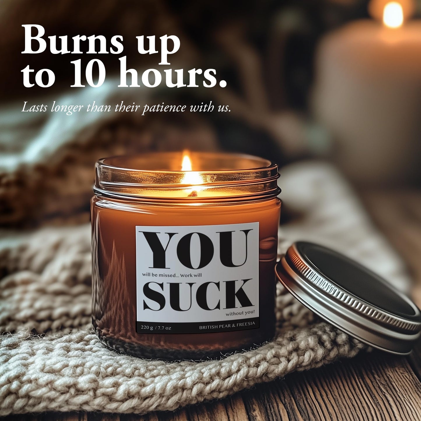 7.7oz Funny Candles for Coworkers by SIKO - British Pear & Freesia - Natural Soy Wax, Non-Toxic, Long-Lasting Aromatherapy Candle with Gift Card - Coworker Leaving Gifts for Women & Men - (You Suck)