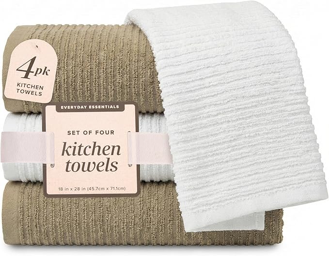 MosJos Kitchen Hand Towels Set of 4 Cotton Ribbed Taupe and White Hand Towels