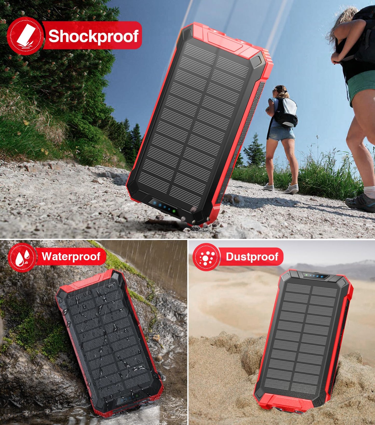GOODaaa Power Bank Wireless Charger 36000mAh Built in 4 Cables Six Outputs 15W Fast Charging Power Bank for All Mobile Devices Three Inputs Solar Portable Charger with Dual Flashlights, Carabiner