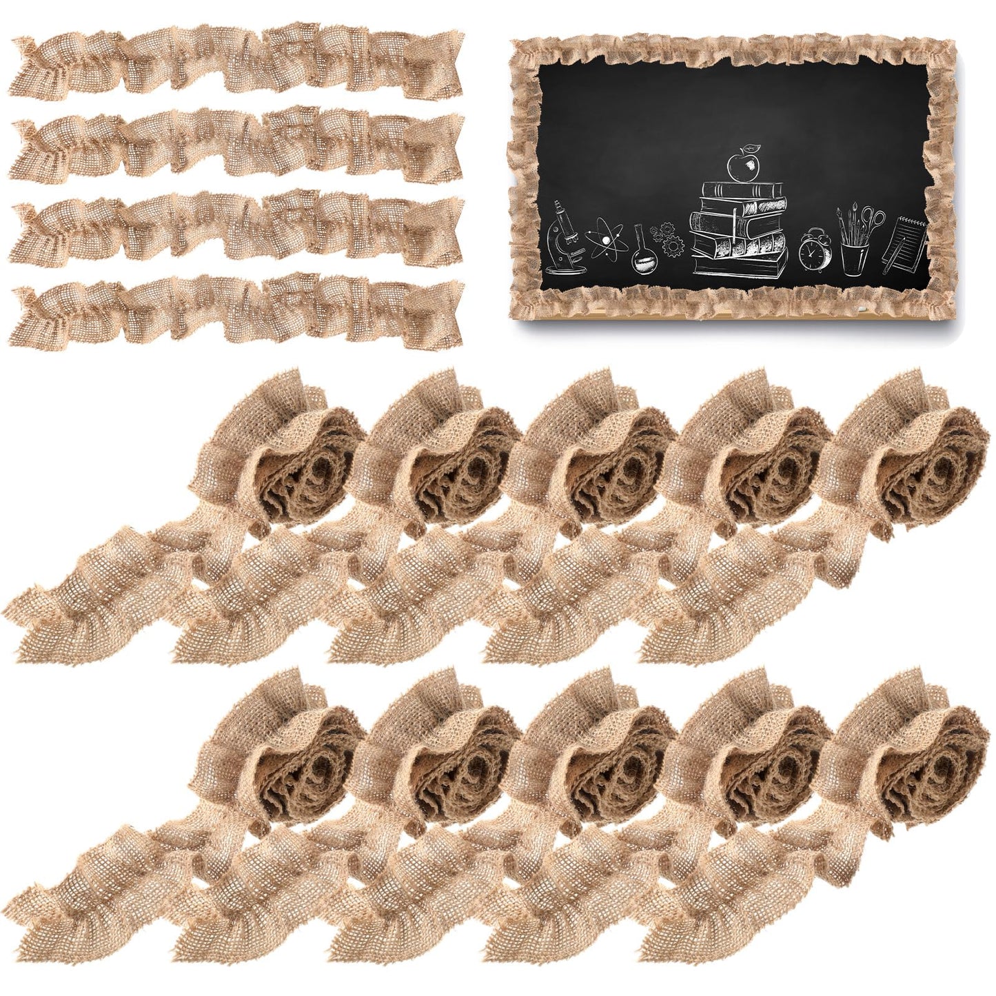 Fanfanwin 8 Rolls Burlap Ruffled Bulletin Board Borders for Classroom Decor Farmhouse Burlap Bulletin Board Trim DIY Crafts for Classroom Home Decoration, 2.2 x 40 Inch