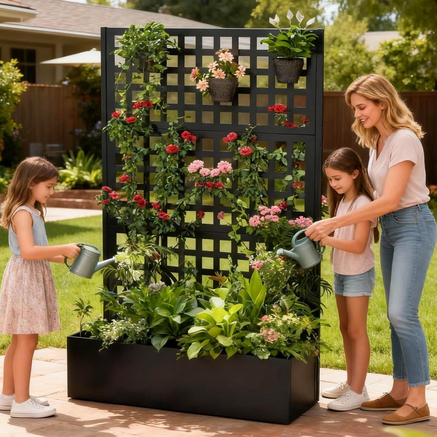 Callales Metal Planter Box with Trellis, Black Raised Garden Bed, Privacy Screen Planters with Trellis for Climbing Plants Vegetable Flowers Outdoor Indoor, Large 2Pcs Set