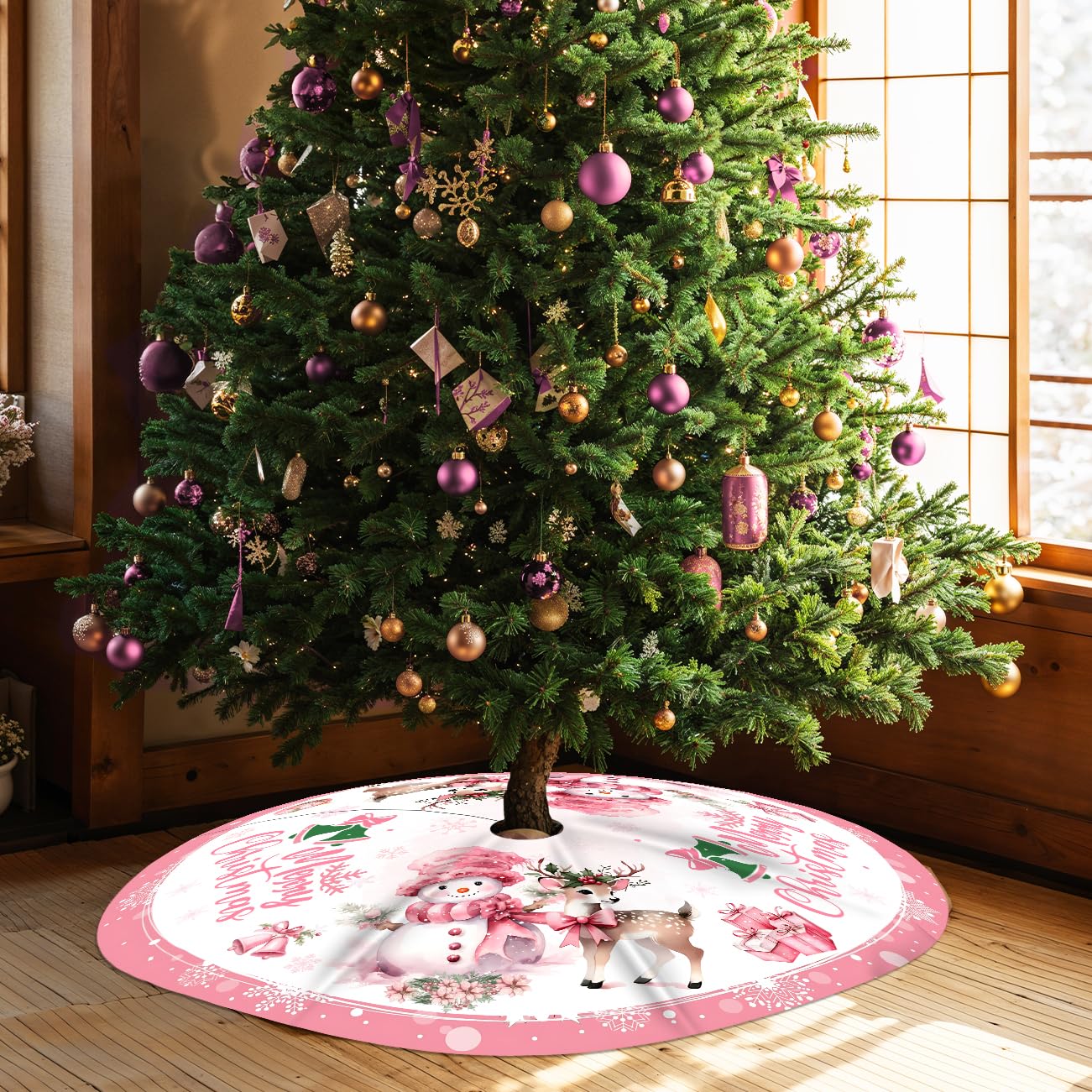 Pink Christmas Tree Skirt Merry Christmas Decoration Snowman Decoration 48 Inch Tree Skirt for Festival Party Decor Indoor Outdoor