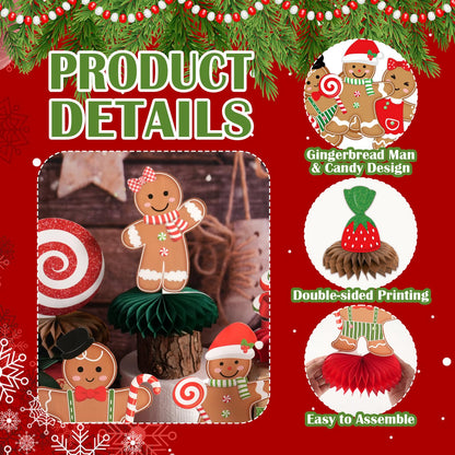 Gingerbread Christmas Party Table Decorations Centerpieces,10pcs Paper Gingerbread Man House Lollipops Candy Canes Honeycombs for Xmas Winter Holiday Birthday Party Decor Supplies
