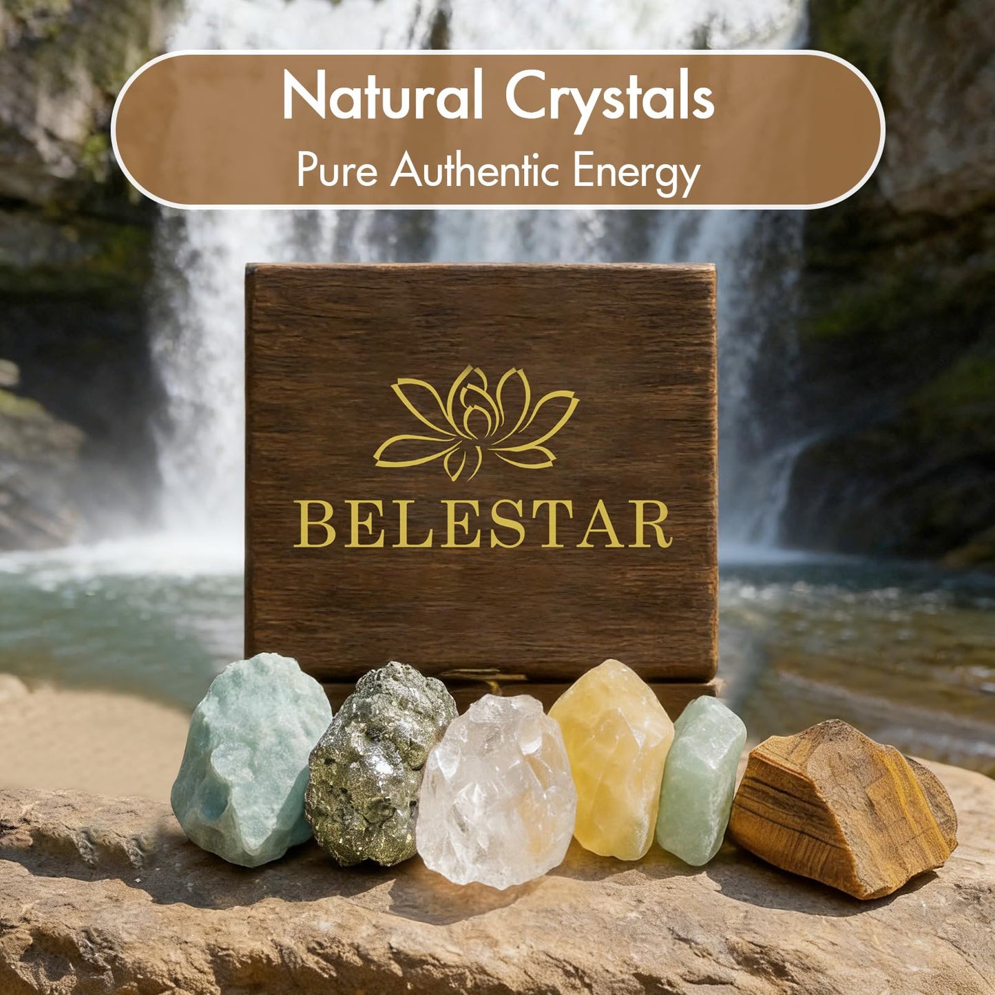 BELESTAR Abundance Healing Crystals Set - Large Raw Stones Energy Alignment Kit with Wooden Gift Box & Guidebook