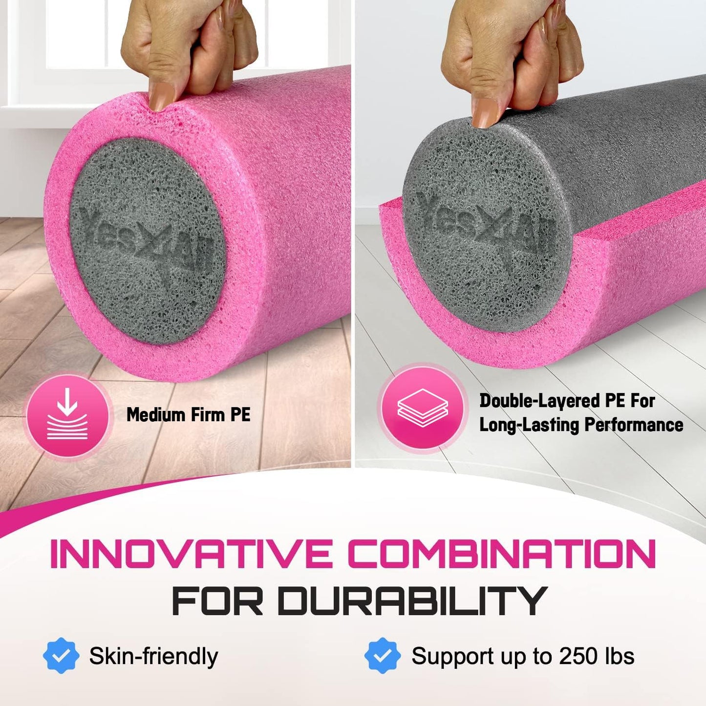 Yes4All Medium Firm Foam Rollers for Yoga & Pilates, Available in 12, 18, 24, 36 inch, Two-Layer PE Yoga Roller for Massage