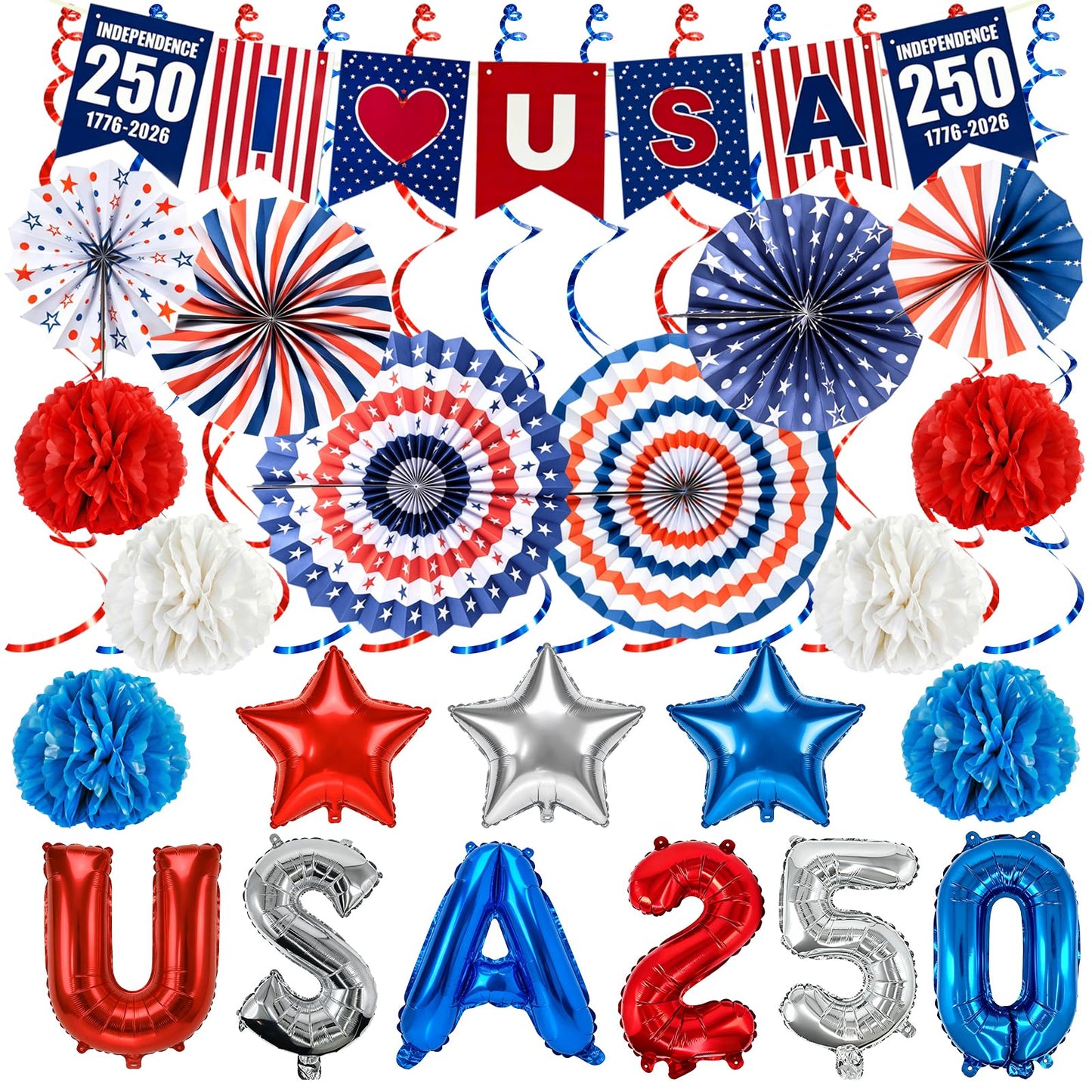 Onfunlee 4th of July Decorations Set, 34PCS Patriotic Memorial Day Decoration US 250th Anniversary Decor, Red White Blue Party Supplies with Paper Fans, Banner, Swirls, Pom Poms for Independence Day