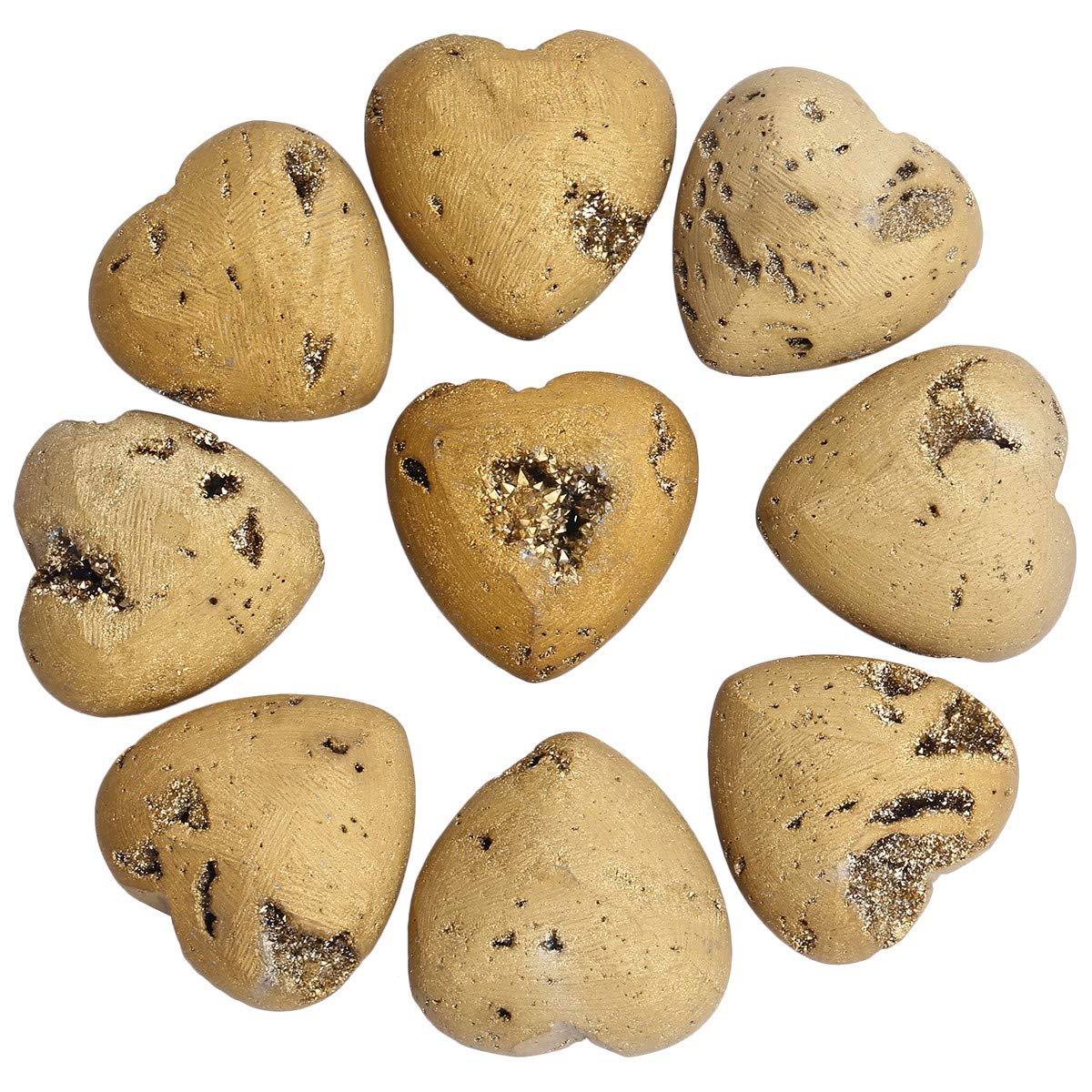 Rockcloud Heart Shape Titanium Coated Agate Geode Druzy Home Decoration Pocket Stones Specimen, Gold