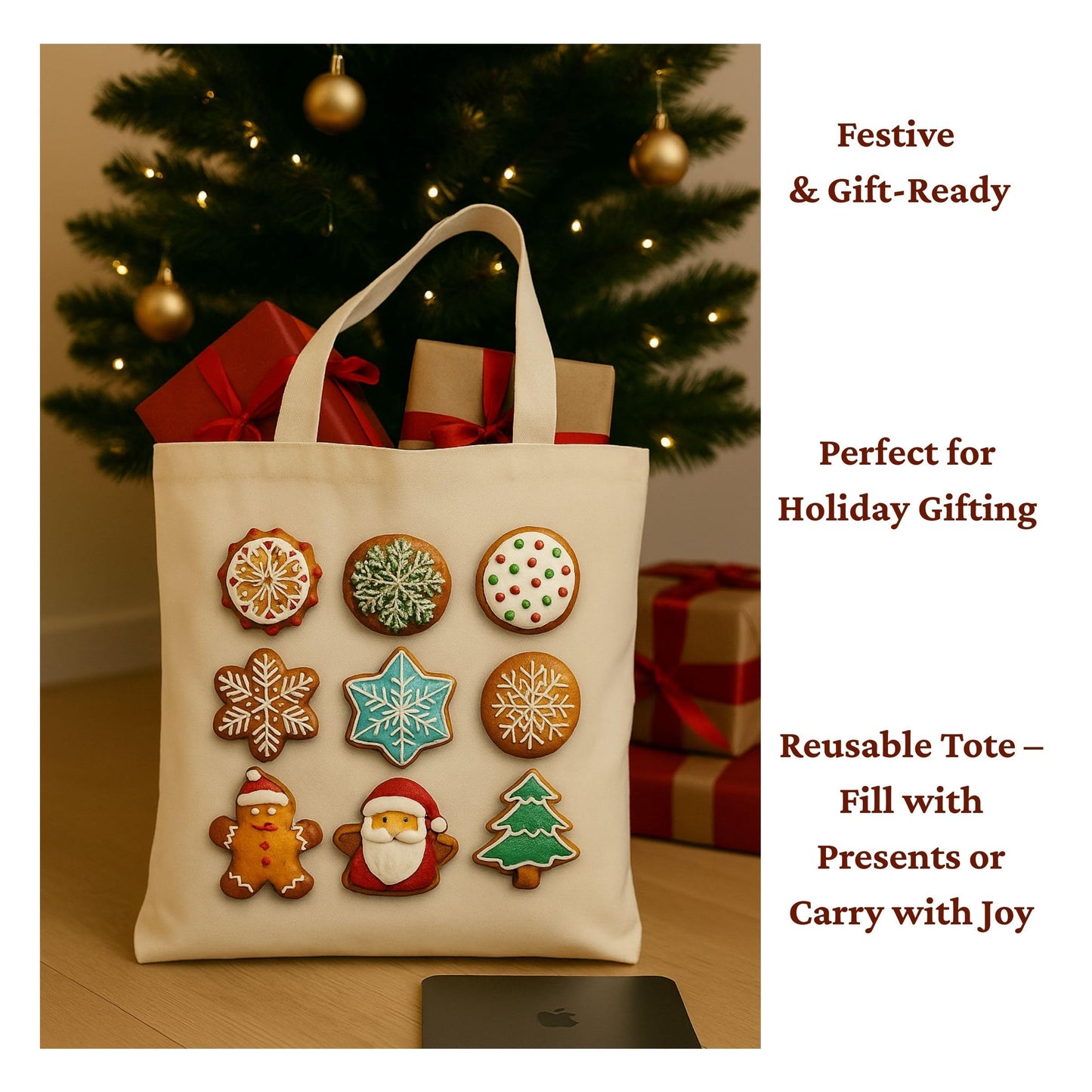 Zenloria Christmas Canvas Tote Bags – 2 Pack Holiday Cotton Totes 15x16, Cookie & Ornament Designs, Reusable Gift & Shopping Bags