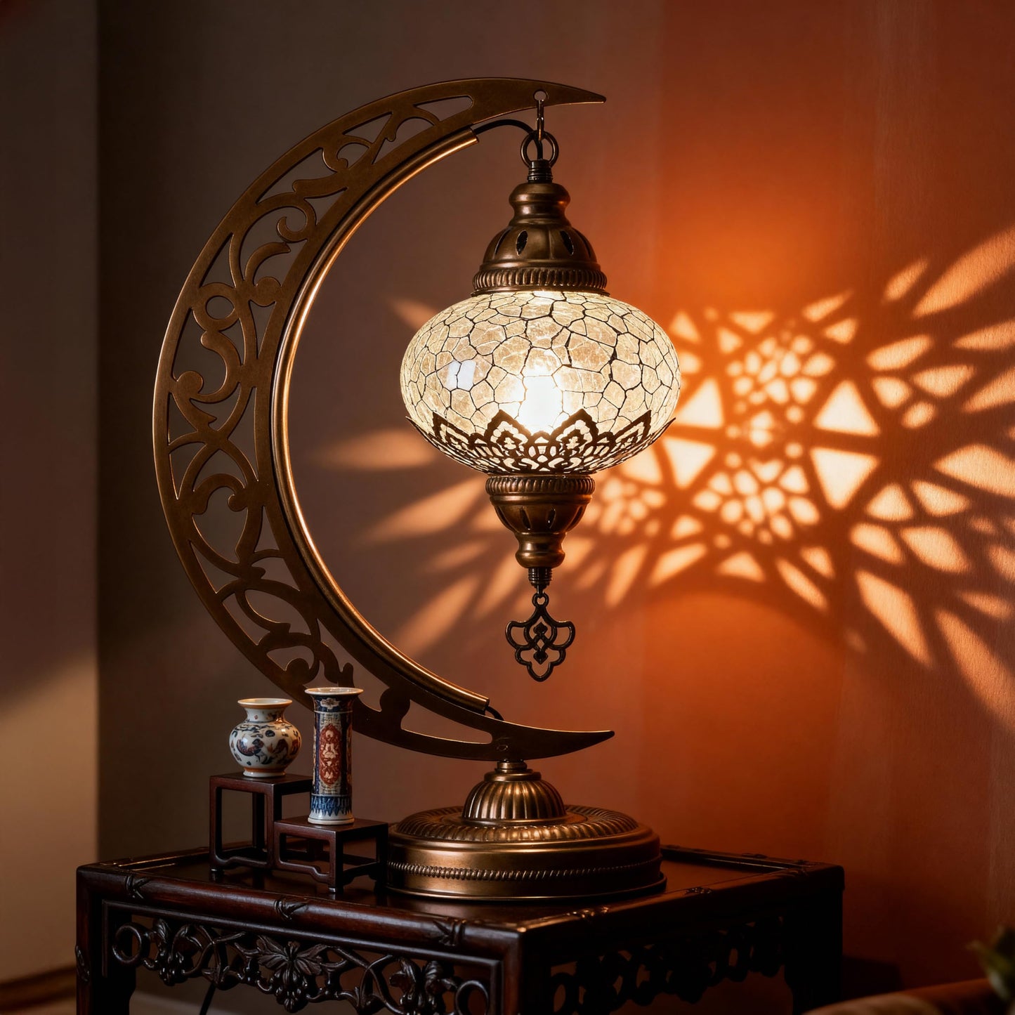 Mozaist Turkish Lamp, Unique Lamps, Moon Shaped Mosaic Table Lamp, Moroccan Handmade Antique Bohemian Vintage Lamp Shade, Tiffany Desk Bedside Stained Glass Lamp with US Plug and E12 Socket