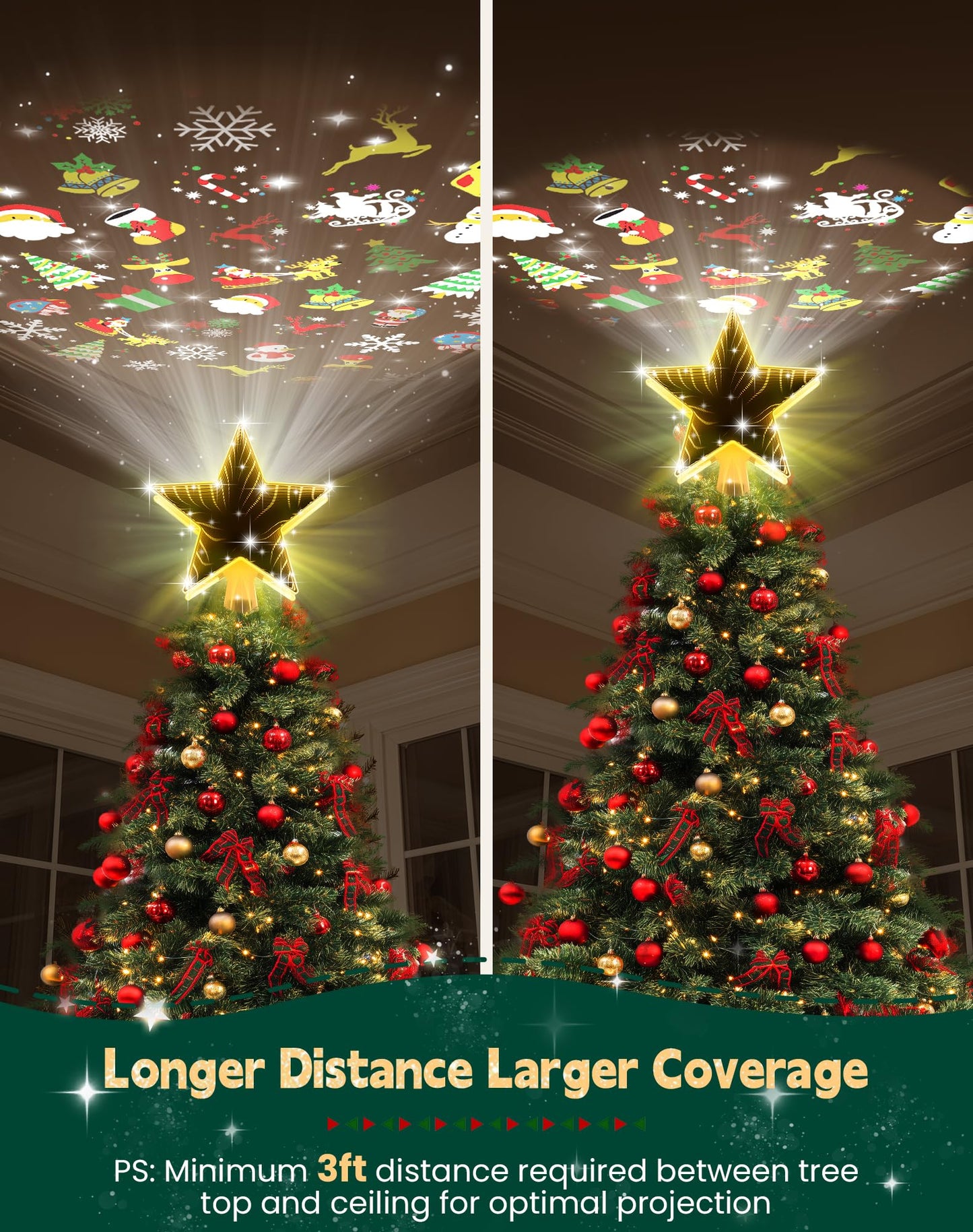 Christmas Tree Topper with 6 Projection Modes, Christmas Star Tree Topper with Built-in Rotating Projector, 104 LED Warm Lights 3D Tunnel Dynamic Lighting Effect Christmas Tree Decoration