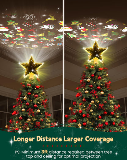 Christmas Tree Topper with 6 Projection Modes, Christmas Star Tree Topper with Built-in Rotating Projector, 104 LED Warm Lights 3D Tunnel Dynamic Lighting Effect Christmas Tree Decoration