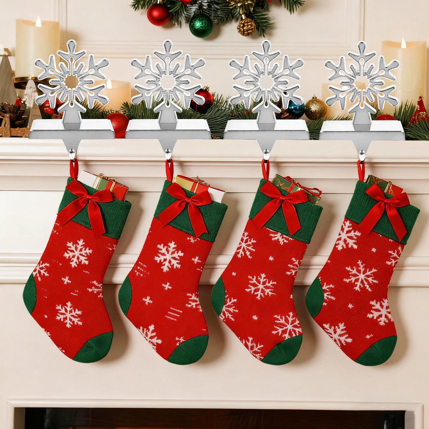 yofit 6 Pcs Christmas Snowflake Stocking Holder, Metal Christmas Stocking Hanger, 3D Sliver Stocking Hooks Non-Slip for Fireplace Mantel Window Christmas Home Xmas Party Decor