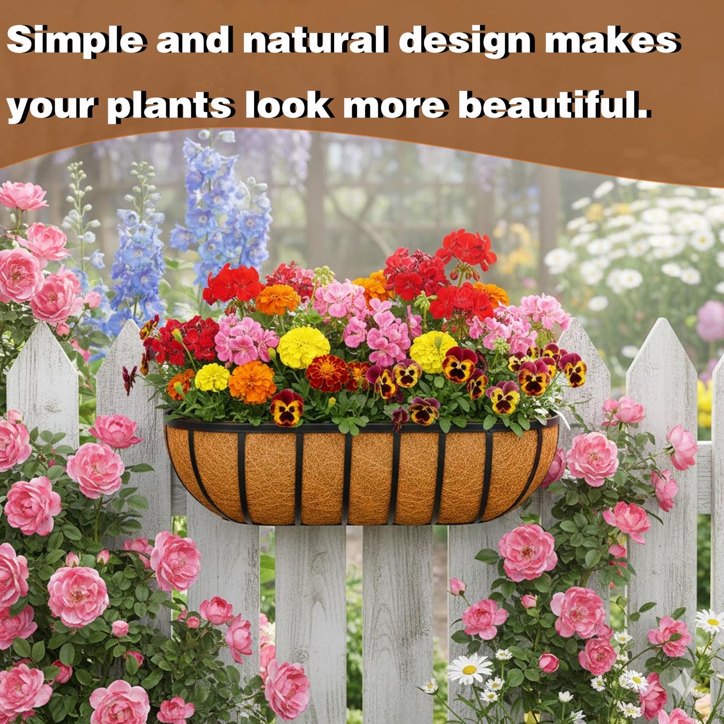JFFLYIT 2 Pcs 16“ Railing Planter Window Box Deck Railing Planters Boxes with Coco Liner English Horse Trough Planters Metal Wall-Mounted Planter Basket for Outdoor Balcony Porch Fence Patio Rail