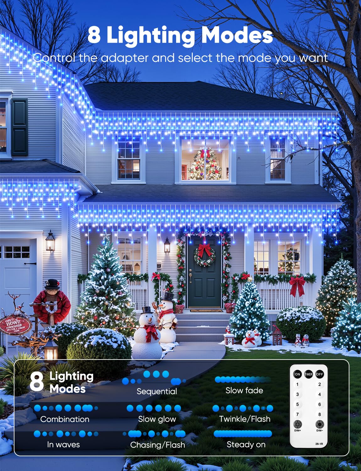 Icicle Christmas Lights Outdoor - 40 FT 432 LED Icicle Lights with 81 Drops, 8 Modes, Ice String Lights with Remote, Timer, Waterproof Fairy Lights for Roof Patio Tree House Decor, Blue & White