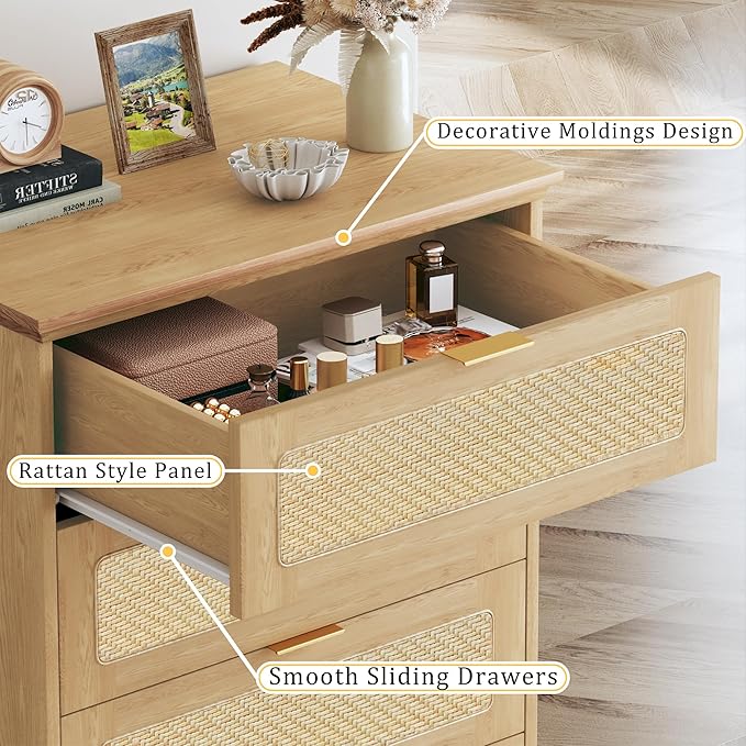 HUAHUU 6 Drawer Dresser for Bedroom, 50 Inch Tall Dressers & Rattan Chest of