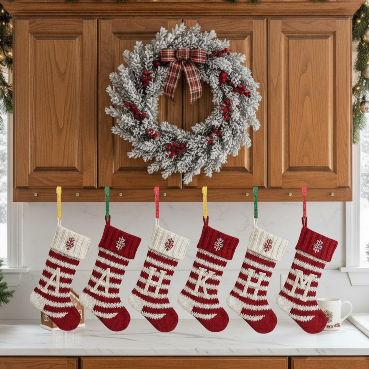 Therwen 6 Pcs Glitter Christmas Stocking Holders Shiny Fireplace Stocking Holders Set with No-Slips Strips Safety Mantel Hanger Hooks Xmas Mantle Grips for Tabletop Shelf Party Decor (Gold,Red,Green)