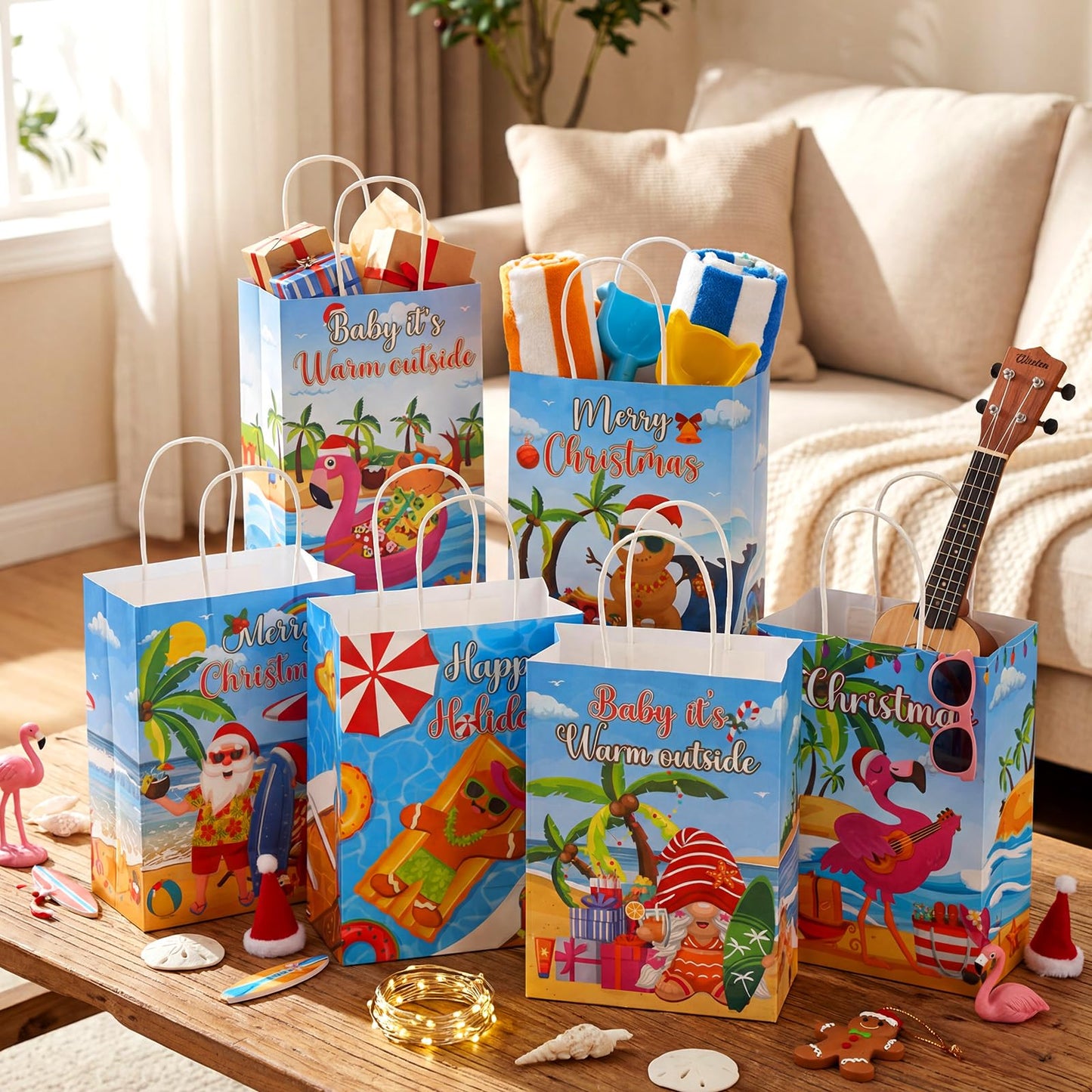 Kolldenn 48 Pcs Hawaiian Christmas Goodie Bags Summer Christmas Party Favor Bag Xmas Gift Paper Bags with Handle Tropical Beach Santa Flamingo Candy Treat Pouch for Xmas Pool Birthday Party