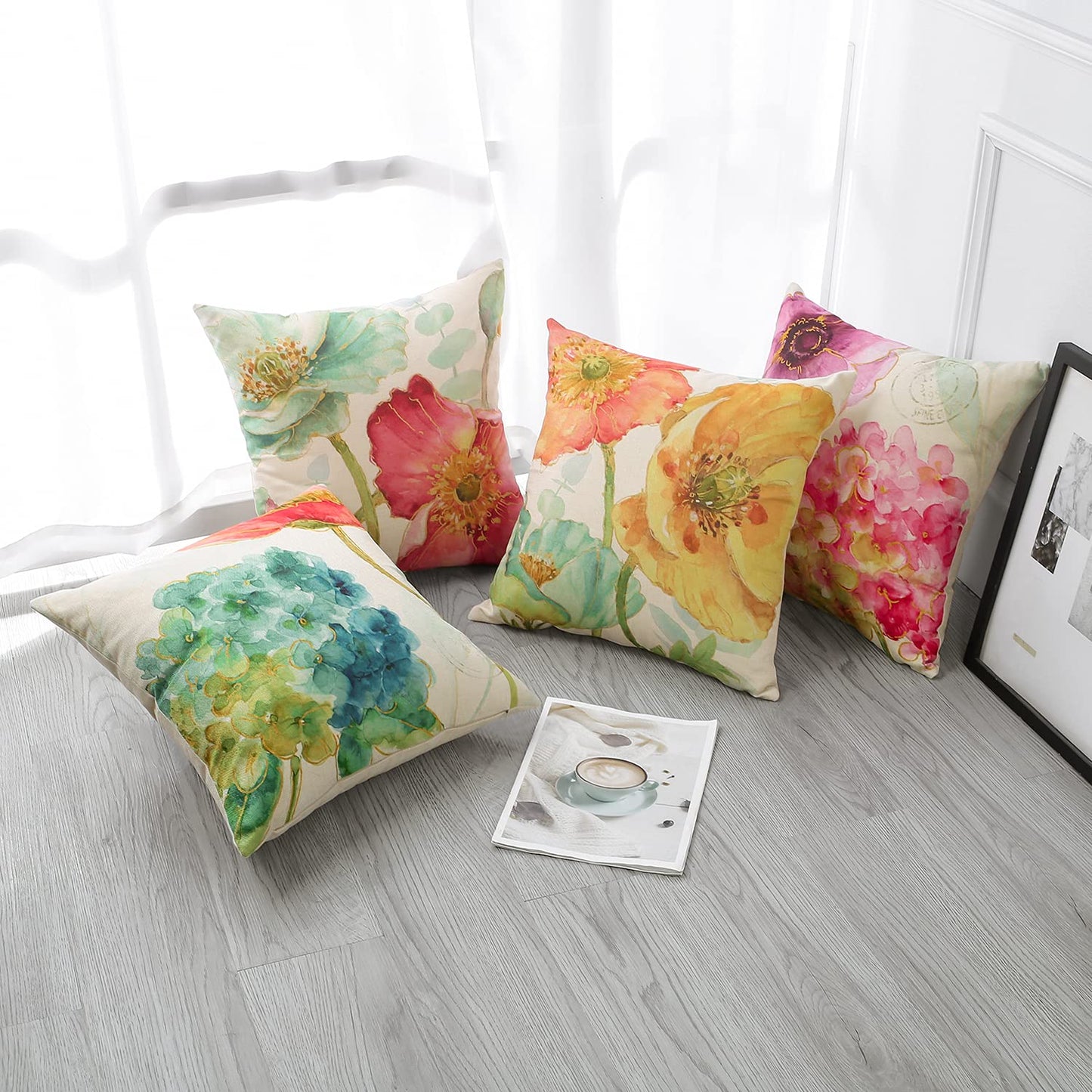 Artscope Set of 4 Waterproof Cushion Covers 45x45cm, Decorative Hydrangea and Lotus Throw Pillow Covers, Perfect to Outdoor Patio Garden Bench Living Room Sofa Farmhouse Decor
