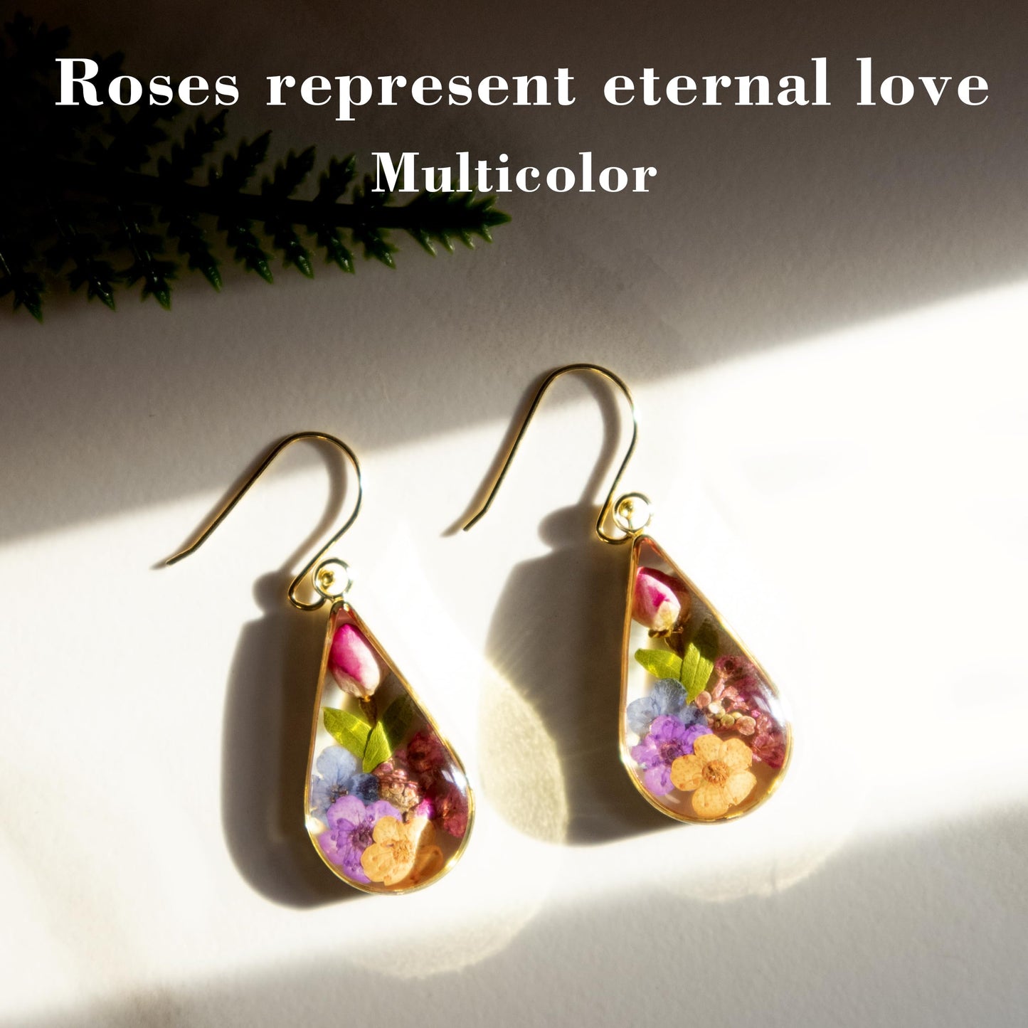 925 Sterling Silver Pressed Flower Teardrop Earrings,Hypoallergenic Women's Jewelry Gift for Mom,Handmade natural dried flower teardrop earrings Jewelry Gift (Golden Rose)