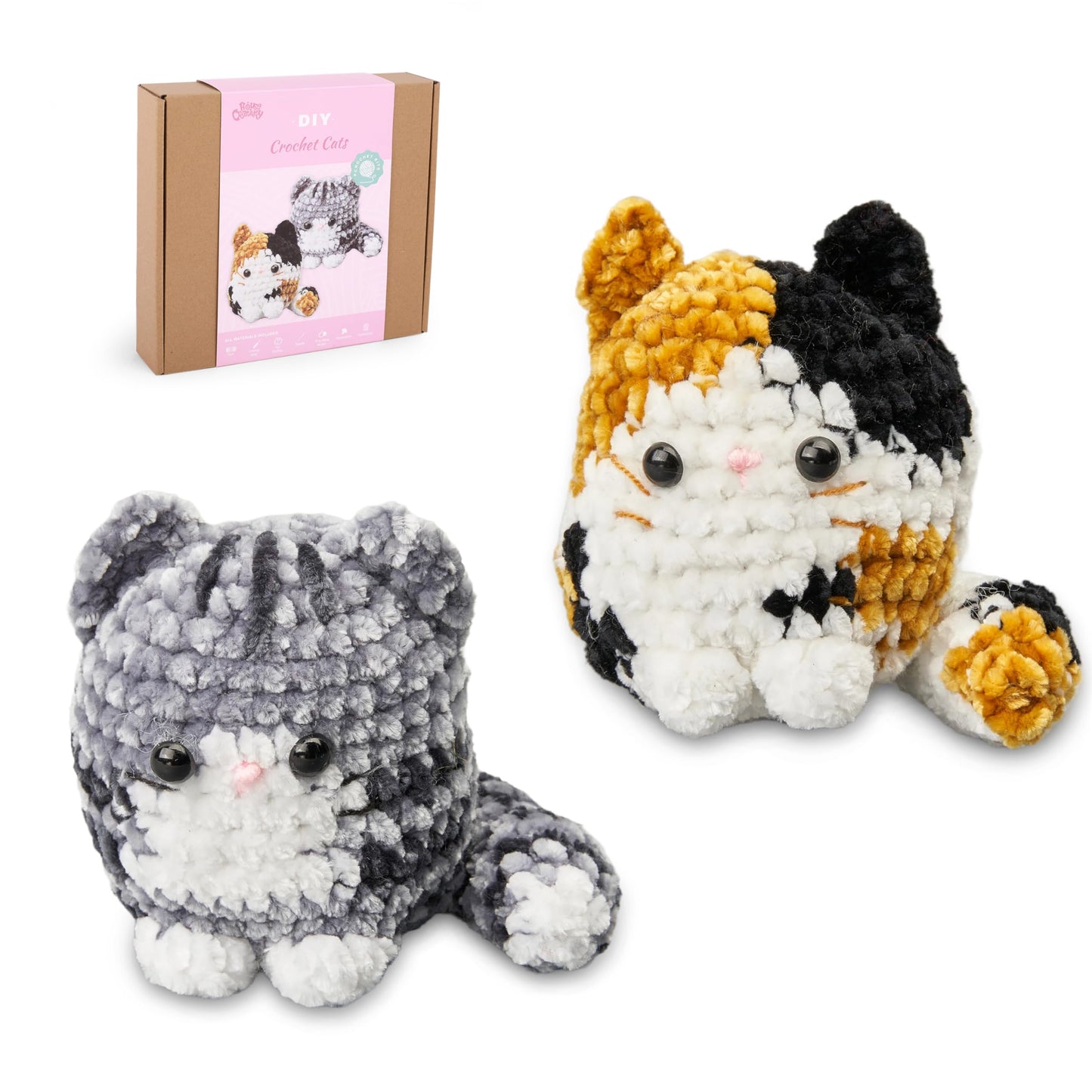 HOUSE CREATIVITY Chenille Crochet Kit for Beginners, Make 2 Ultra-Soft Cat Plushies, Amigurumi Crochet Starter Kit with Video Tutorial, Plush DIY Craft Kit with Chenille Yarn, Hook, Eyes & Stuffing