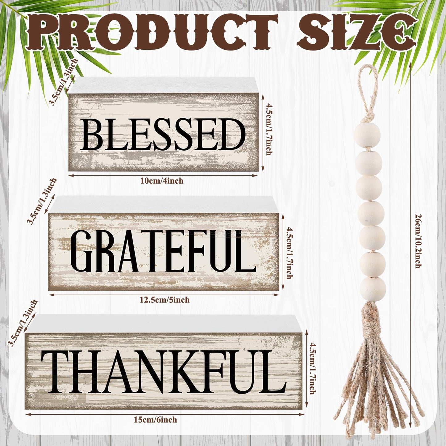 4 Pcs Farmhouse Wooden Tabletop Decor Neutral Farmhouse Tiered Tray Decor Rustic Retro Wood Bead Garland Blessed Grateful Thankful Block Sign Centerpiece for Coffee Home Office Shelf Mantle Table