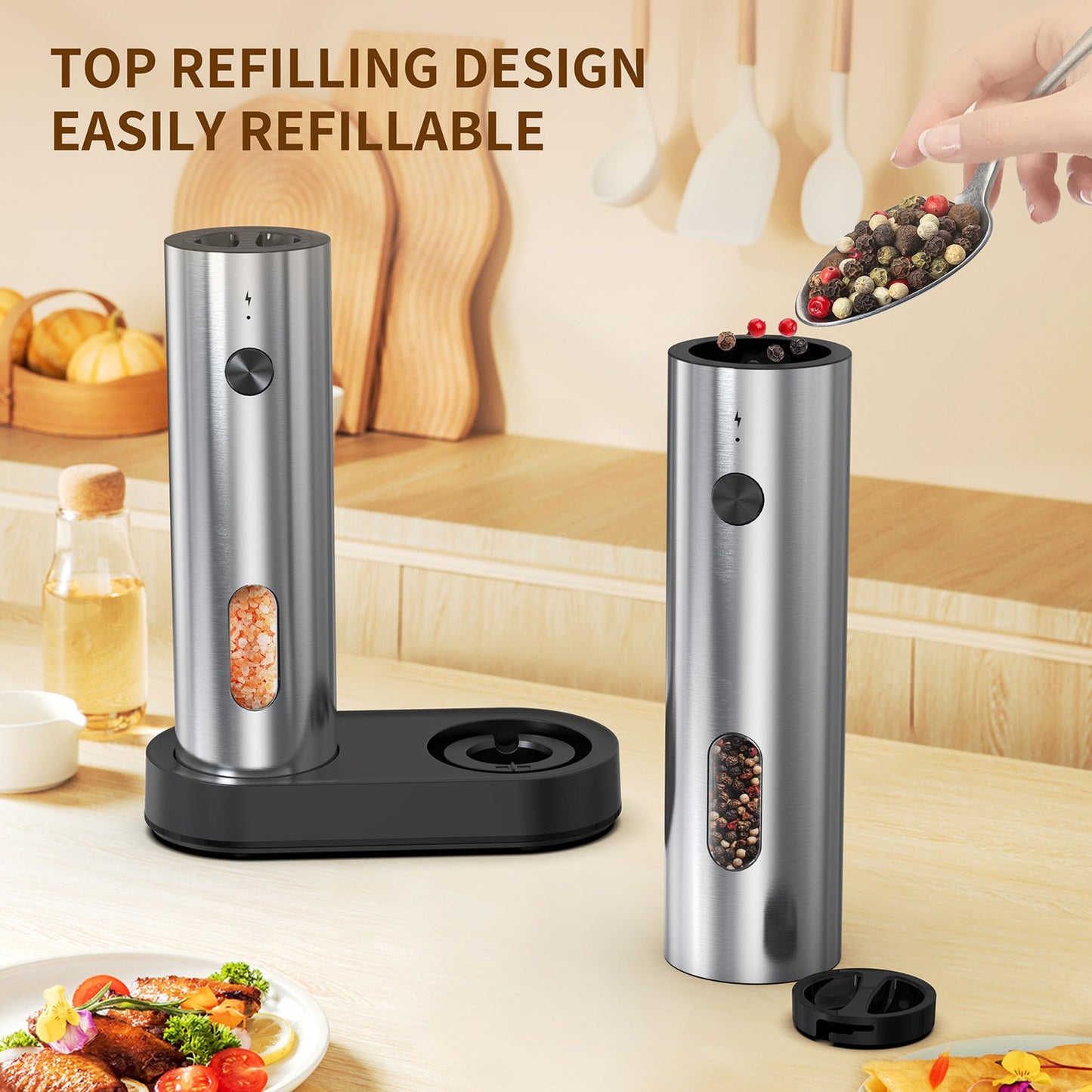 Electric Salt and Pepper Grinder Set (with Rechargeable Base), Featuring LED Lighting, Ideal for Kitchen and Outdoor Use.