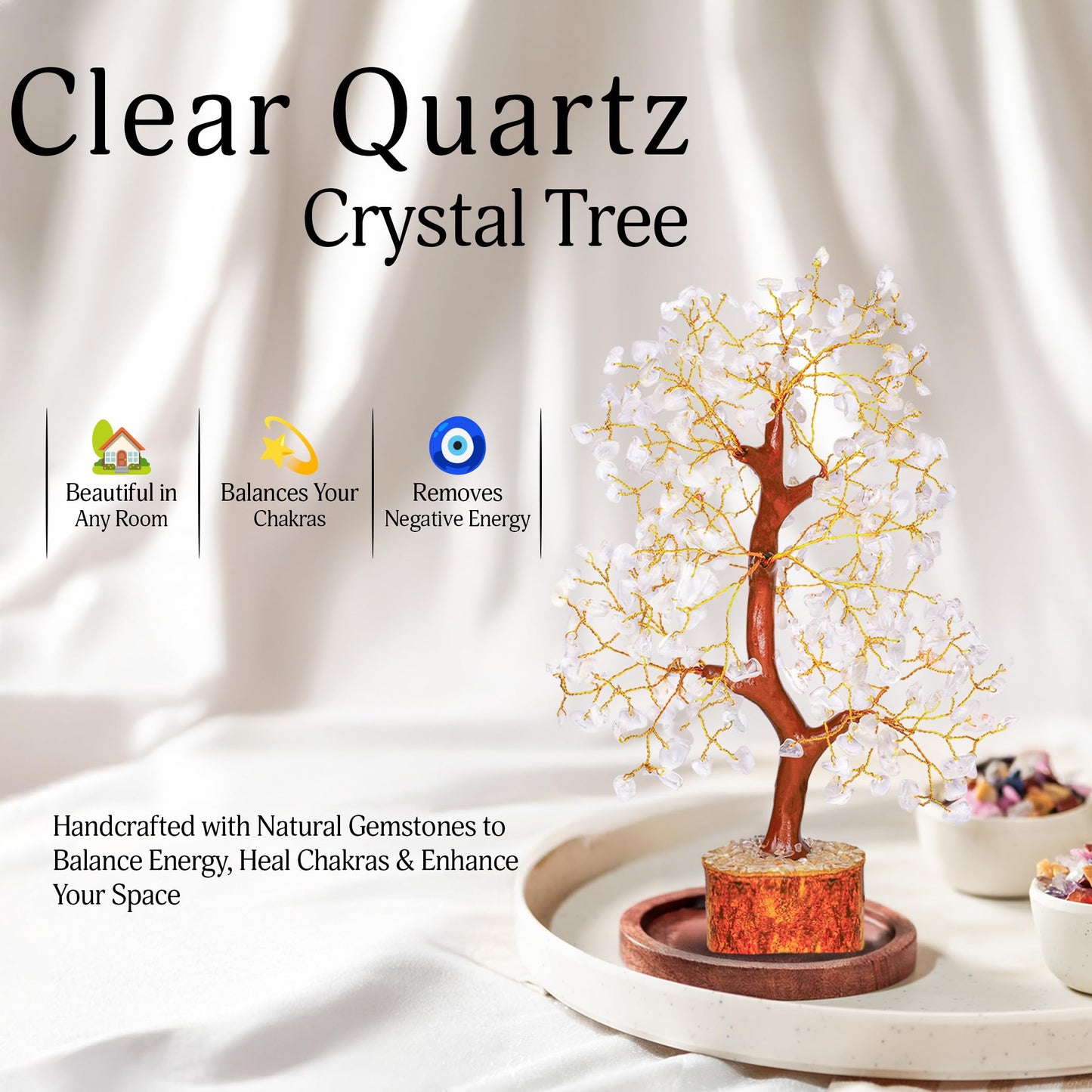 YATSKIA Clear Quartz Crystal Tree | Healing Gemstone Tree | Natural Feng Shui Crystal | Desk Decor for Women | Coffee Table Decor | Unique Gifts for Women | 10 Inch