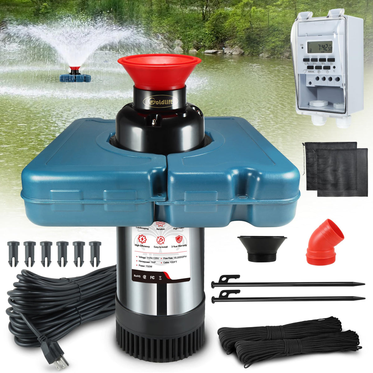 Goldlife Pond Fountain Aerator, F2-2 1HP 750W 110V Stainless Steel Floating Fountain With 100 Feet Power Cord, Timer, Aerating Fountain Pond Cascade Pump for Small Large Ponds Lake Jet System