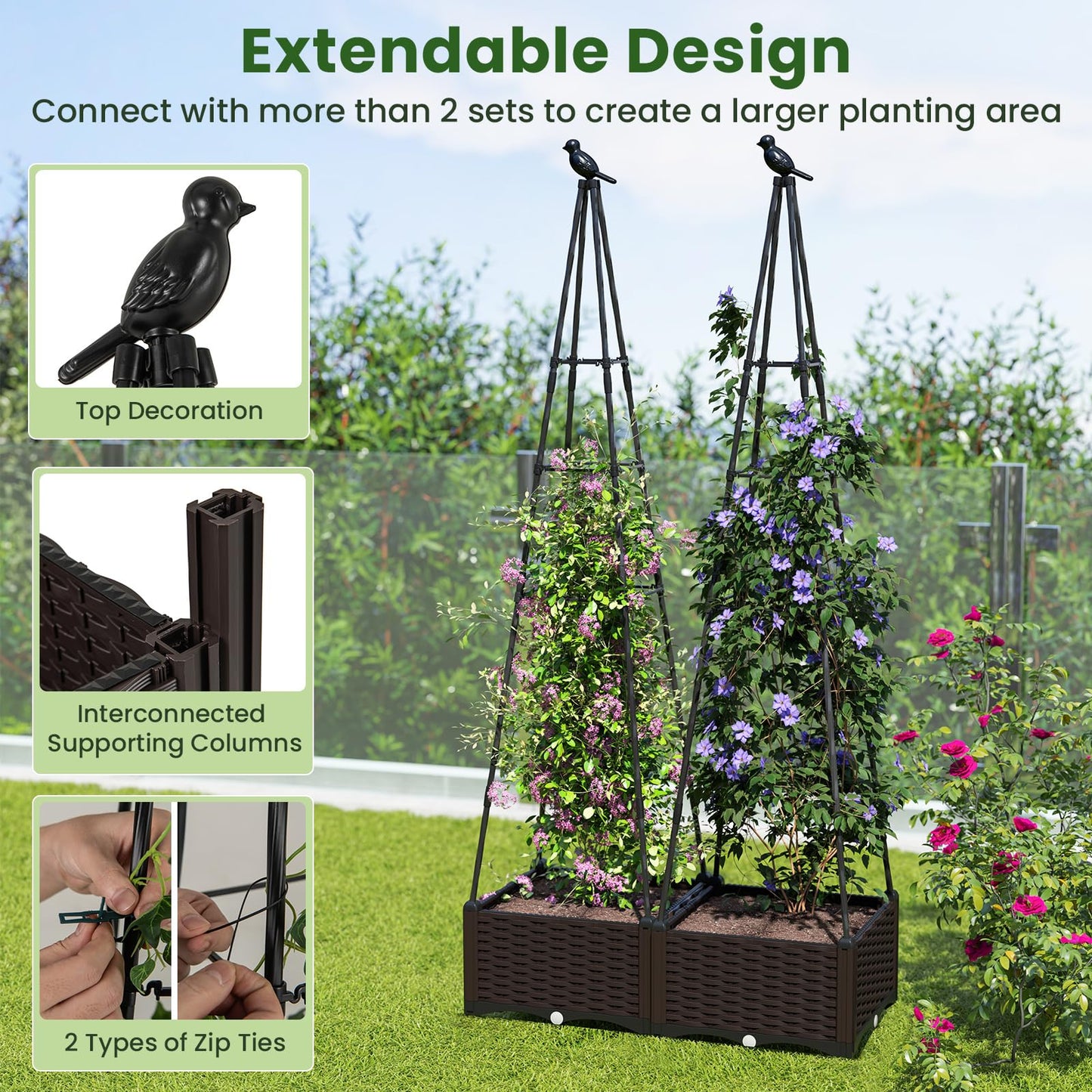 Giantex Raised Garden Bed with Wheels & Tomato Cage, Self Watering Planter Box with Obelisk Trellis, Adjustable Height, Indoor Outdoor Planter for Climbing Plant Flower Vegetable Fruit (1)