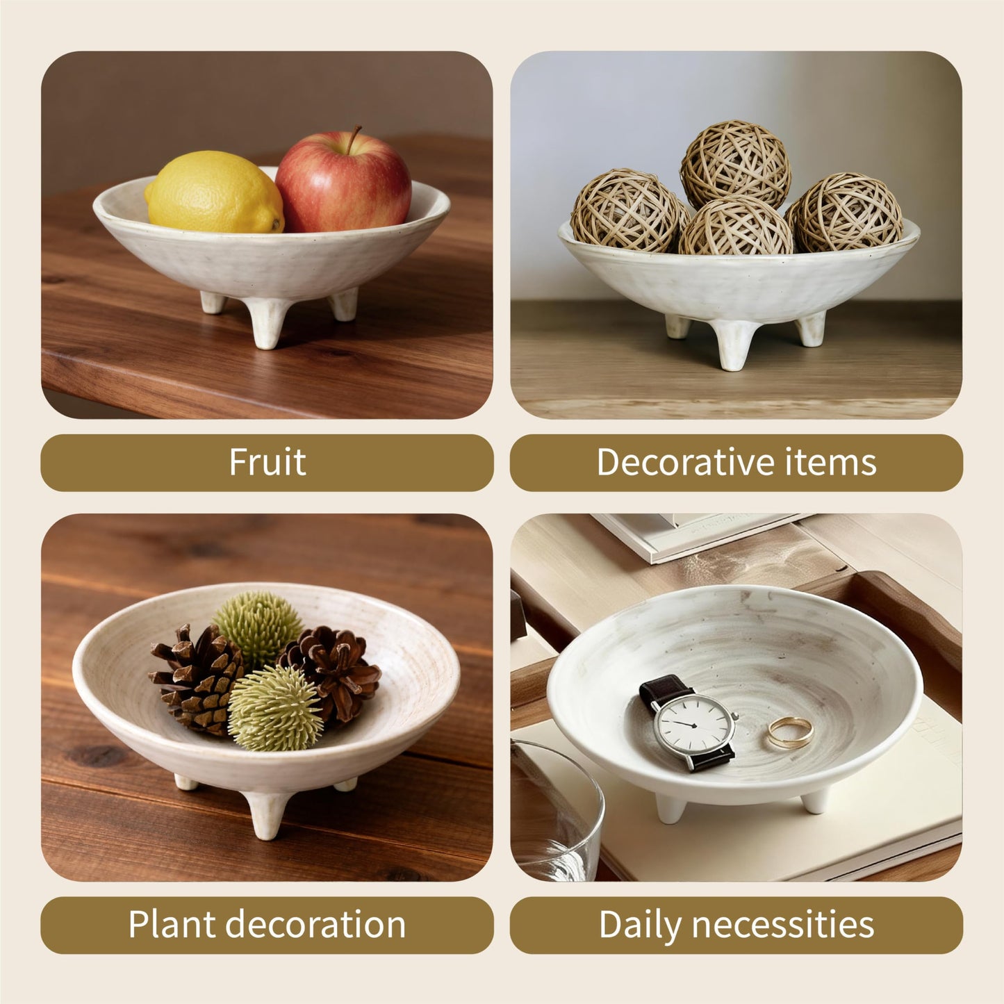 seicasaya Small Wabi-Sabi Ceramic Bowl, 6 Inch Handcrafted Tripod Design for Snacks, Sauces, Dips, Decorative Serving Bowl for Kitchen, Dining Table & Coffee Table (White)