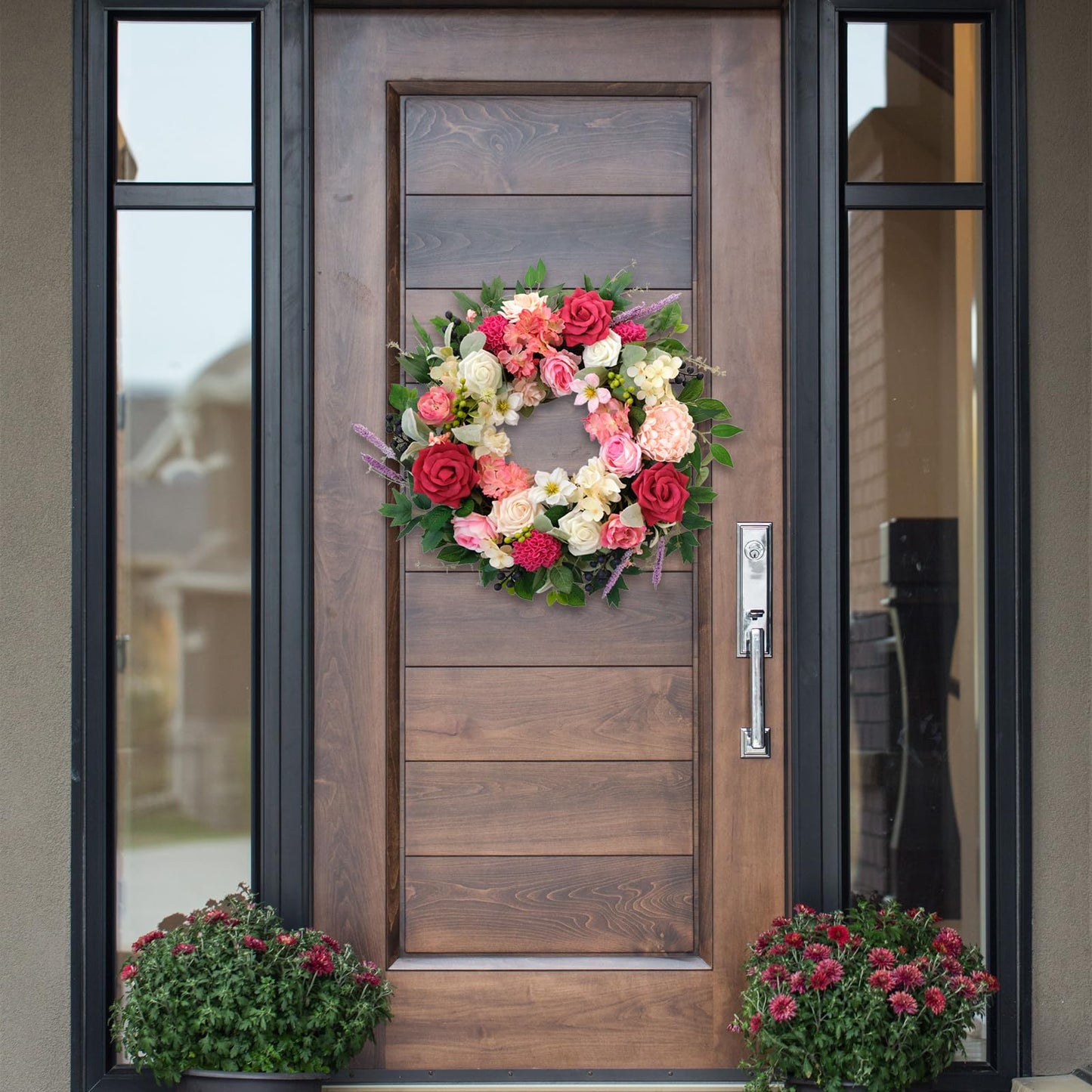 CIR OASES 22 Inch Spring/Summer Floral Wreaths for Front Door,Artificial Decoration Wreath with Rose Dahlia Hydrangea for Home Valentine Wedding Mothers Day Decor(RED)
