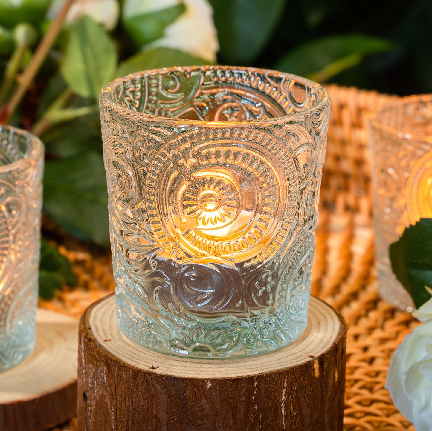 Clear Sun Moon Stars Glass Tealight Holders, 6 Pack