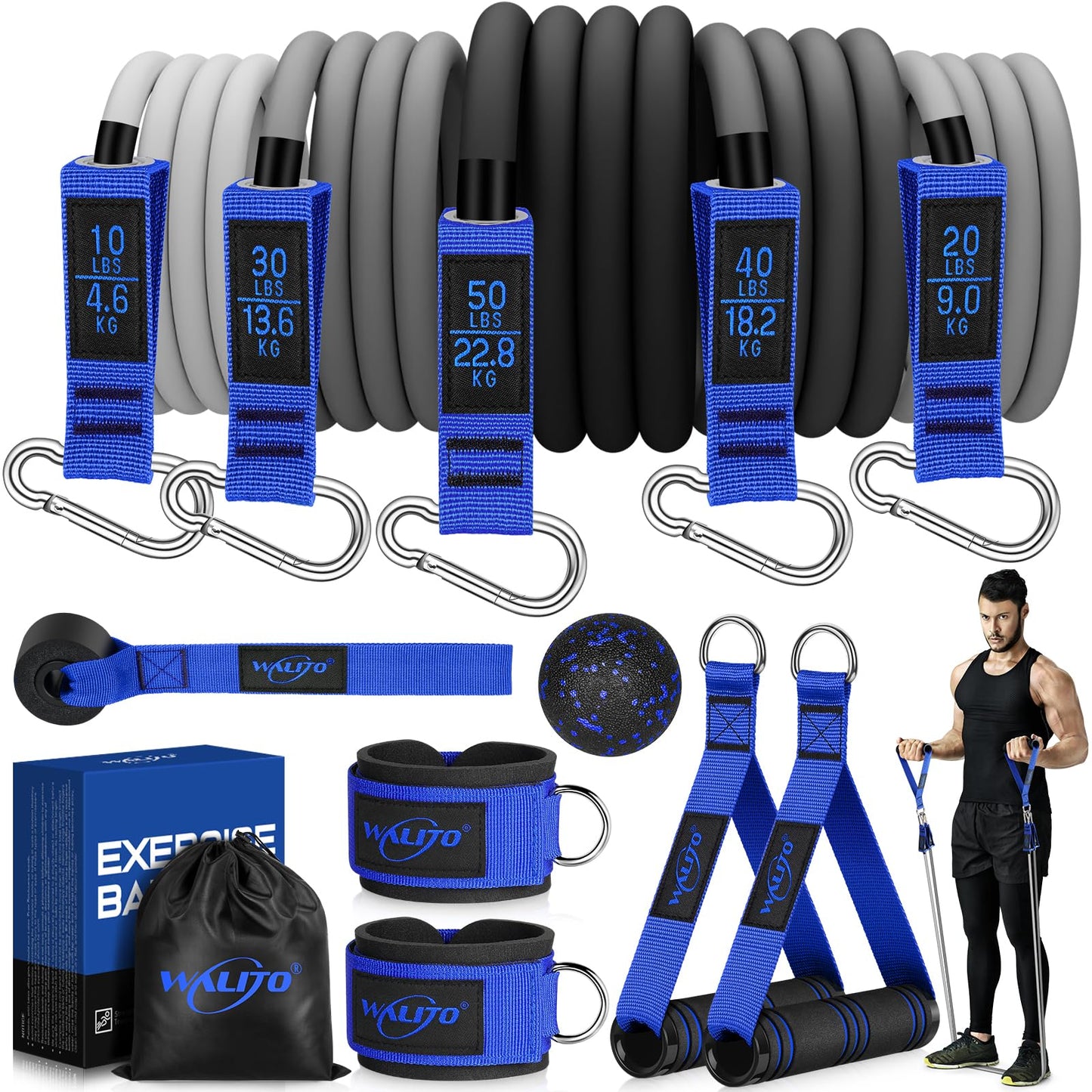 WALITO Resistance Bands Set - Exercise Bands with Handles, Door Anchor, Legs Ankle Straps, for Heavy Resistance Training, Physical Therapy, Muscle Training, Yoga, Home Workouts, Gym
