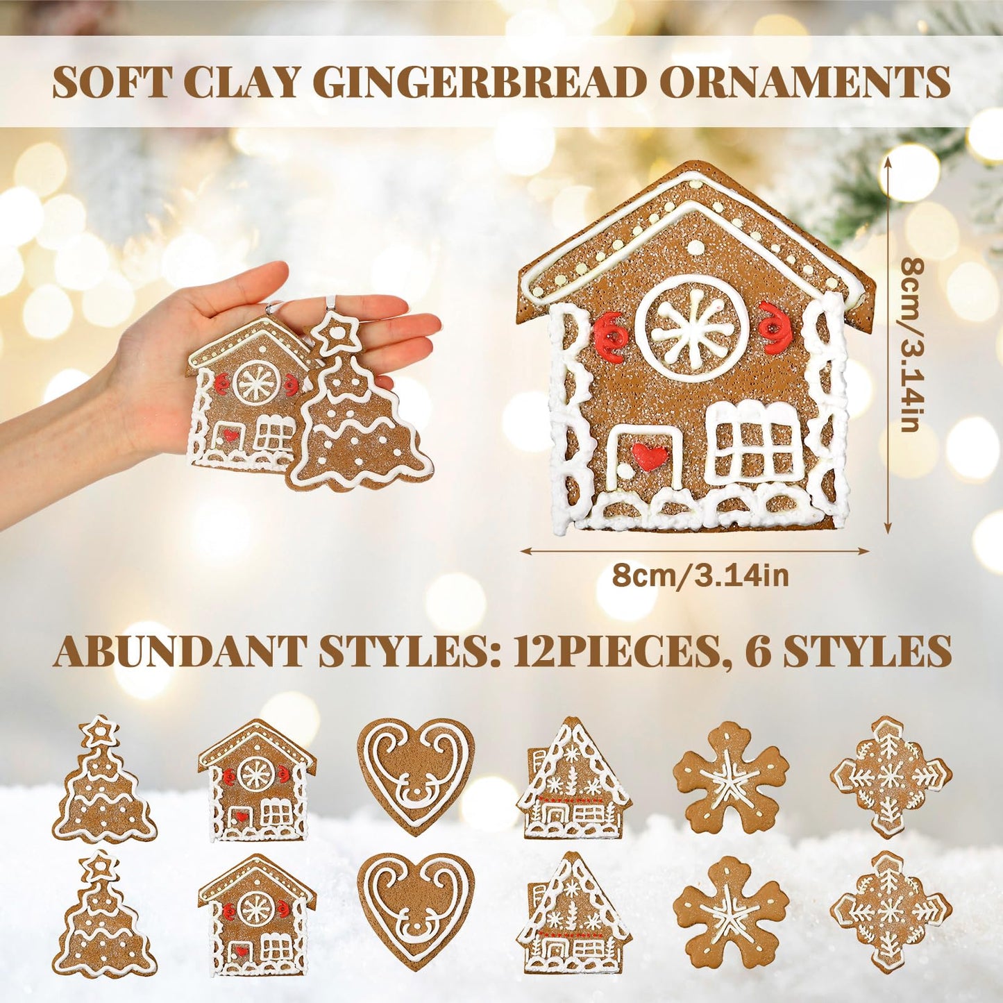 GlikCeil 12 Pcs Gingerbread Ornaments for Christmas Tree Soft Clay Christmas Tree Hanging Cookie Decoration Gingerbread House Xmas Decorations 3.14 Inch Cute Hanging Xmas Home Decor for Party Supplies