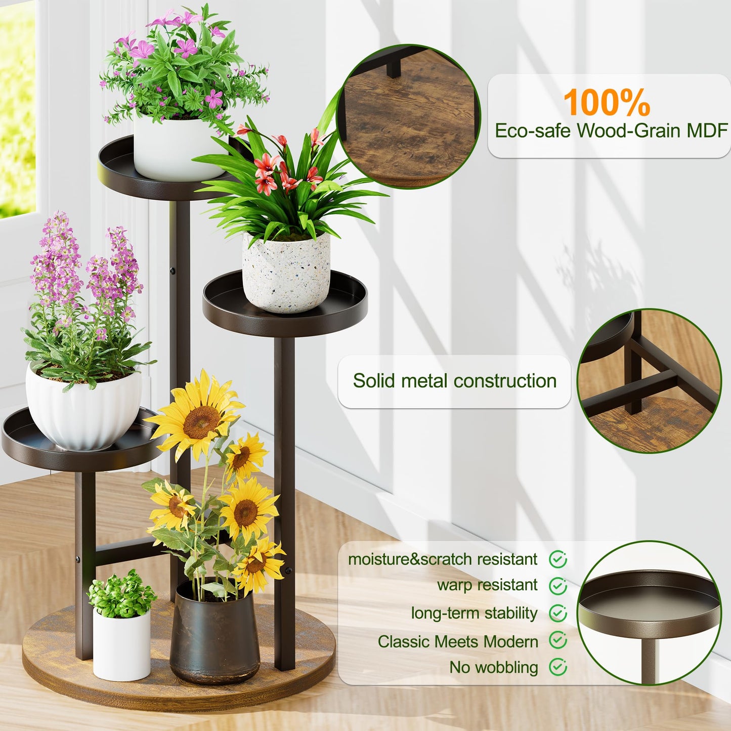 NQW 3 Tiered Tall Plant Stand for Indoor, Metal Plant Shelf Tiered Flower Pot Stands, Corner Plant Table for Patio Garden Balcony Living Room Bedroom