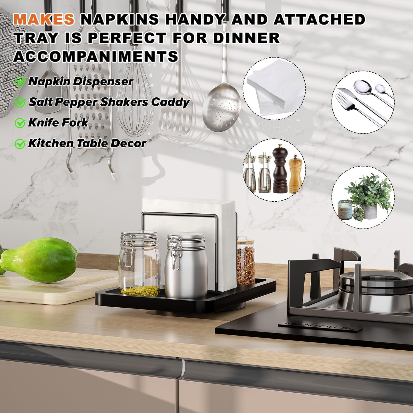 Rotating Napkin Holder for Table, Bamboo Standing Napkin Dispenser with Salt Pepper Shakers Caddy, Black Metal Hand Towel Holder for Bathroom Home Kitchen Farmhouse Decor Not Including Shakers